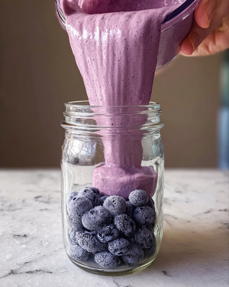 A clear glass jar sits on a white marbled surface filled halfway with plump, dark blueberries with a slight dusty texture. On top of the blueberries, thick purple-smoothed yogurt or smoothie is being poured from above, showing a creamy texture with little bubbles. A woman's hand holds the container pouring the purple mixture into the jar. The background is softly blurred, highlighting the jar and the flowing purple layer. photo taken with an iphone --ar 4:5 --v 7