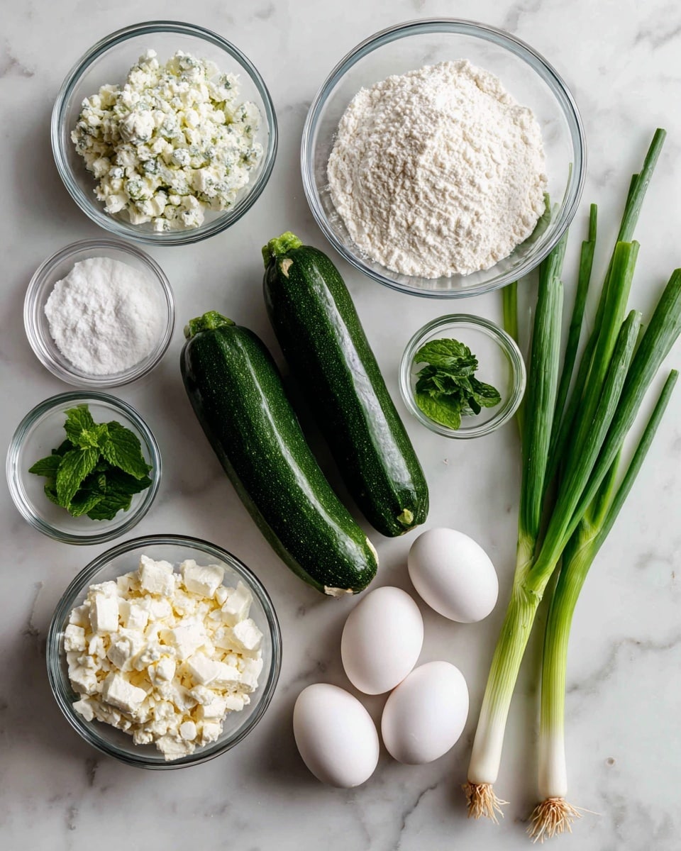 The image shows ingredients arranged neatly on a white marbled surface. There are two dark green zucchinis placed in the center. Around them, there are glass bowls filled with white flour, crumbled white feta cheese, and small green mint leaves. Two white eggs lie between the zucchinis and the glass bowls. A small glass bowl with white baking powder and another with white salt are also visible. On the right side, two fresh green scallions with white roots are placed. All items are arranged clearly with labels next to each ingredient photo taken with an iphone --ar 4:5 --v 7