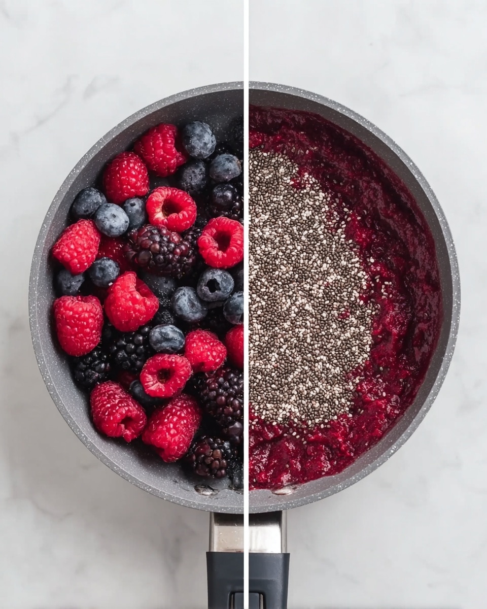 The image shows two side-by-side views of a small grey pan with a black handle on a white marbled surface. On the left side, the pan is filled with a mix of whole frozen berries, including red raspberries, blackberries, and blueberries, all in different shades of red, black, and dark purple. On the right side, the same pan contains mashed berries forming a deep red-purple layer covering the bottom two-thirds, topped on the upper right side with a thick layer of small black and white chia seeds. The contrast between the smooth berry mash and the textured chia seeds is clear. Photo taken with an iphone --ar 4:5 --v 7