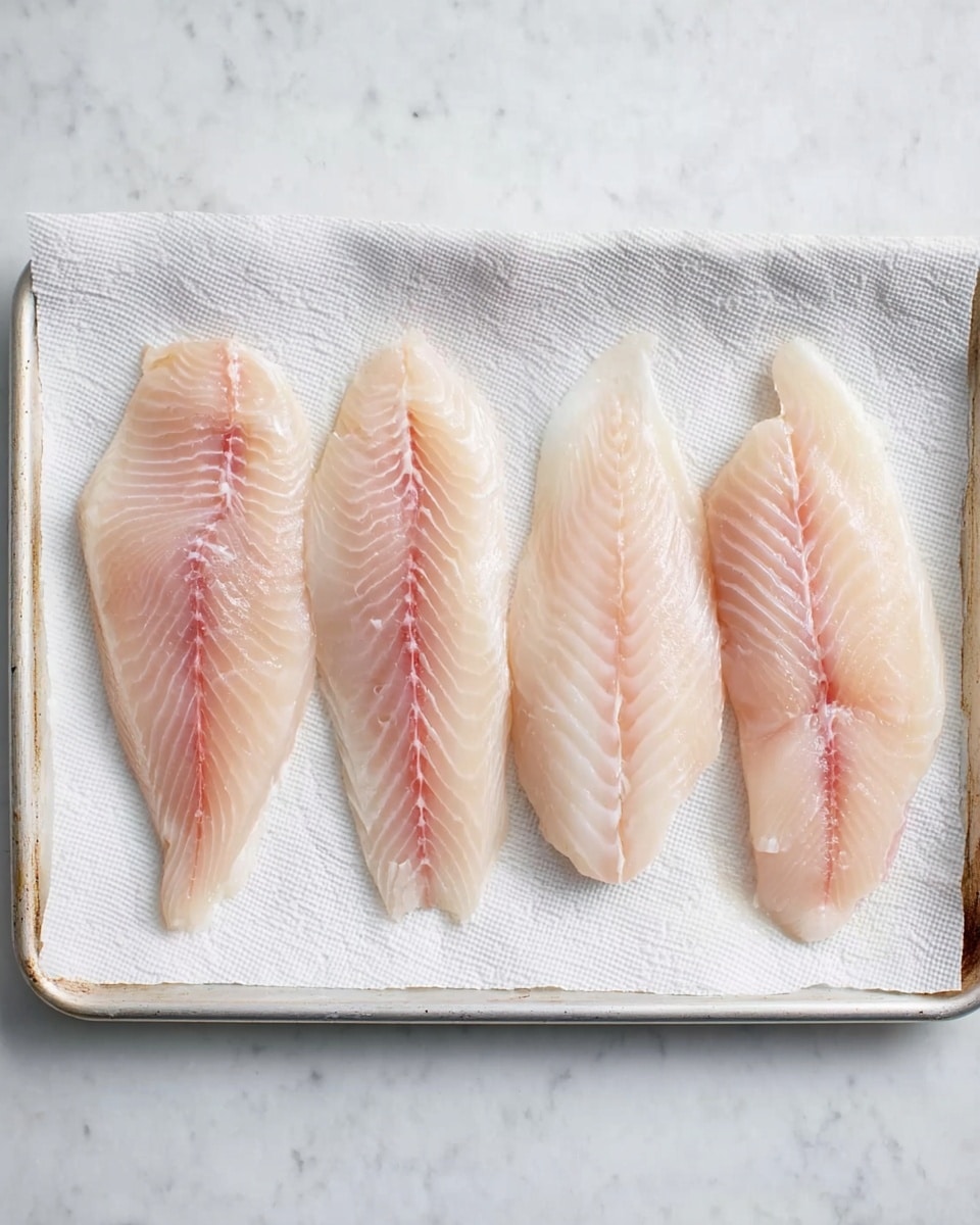 Four raw fish fillets are placed side by side on a paper towel that covers a white metal tray. The fillets are pale pink with some white and a translucent look, showing soft textures and slight stripes along the flesh. The paper towel underneath is white and textured, absorbing moisture. The background surface is white with a marbled texture. photo taken with an iphone --ar 4:5 --v 7