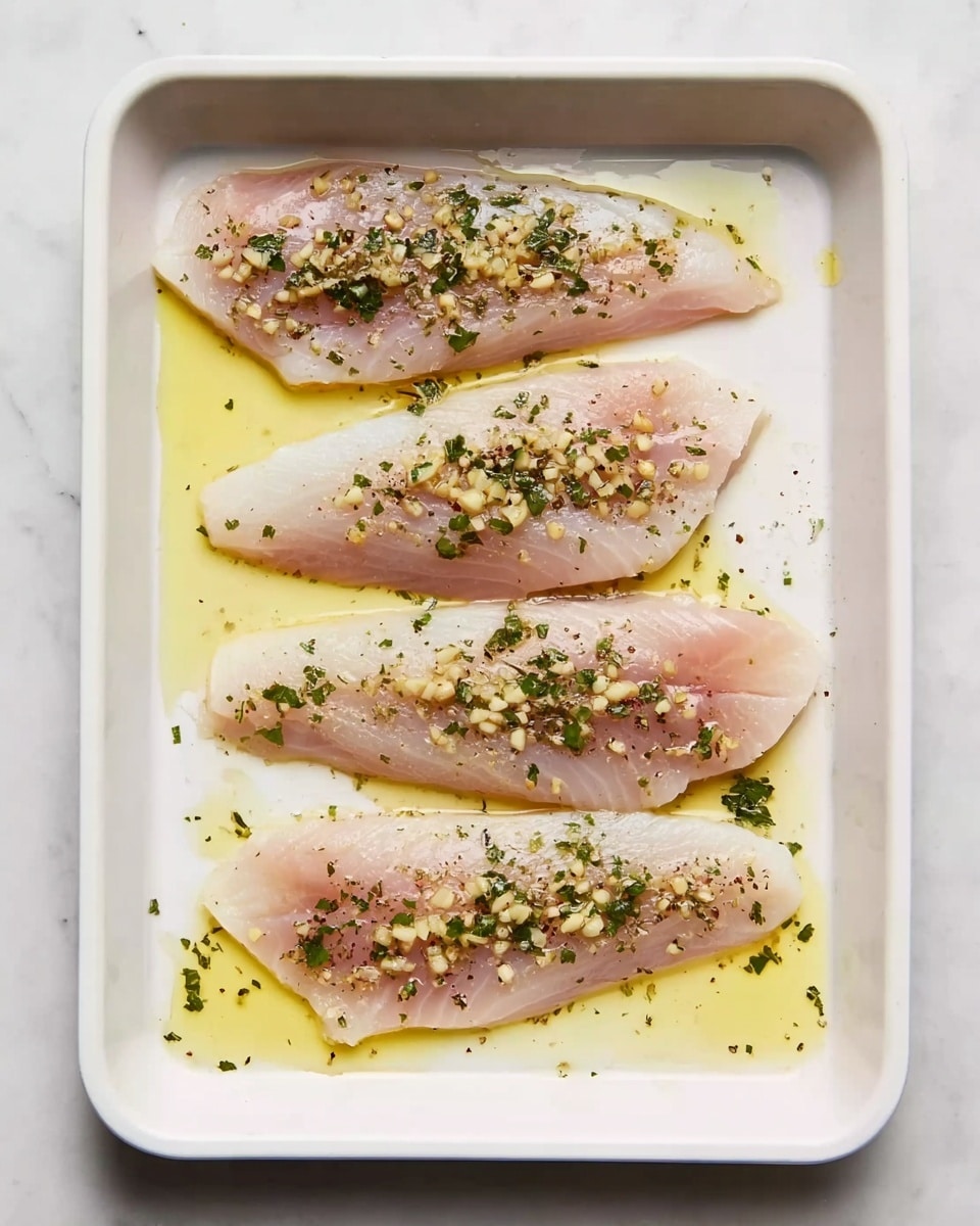 Four thin fillets of raw fish are placed side by side on a white rectangular baking tray, each piece light pink with a smooth, slightly shiny texture. They are topped with small pieces of chopped garlic and sprinkled with dark green dried herbs and black pepper evenly across all the fillets. A shiny layer of olive oil coats the fish and pools slightly around each fillet on the tray. The tray sits on a white marbled surface. Photo taken with an iphone --ar 4:5 --v 7