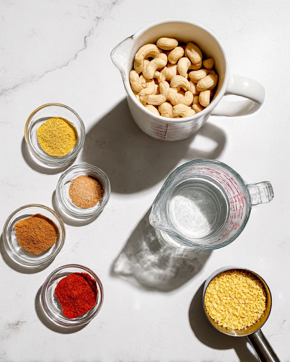 The image shows a white mug filled with whole cashew nuts placed on a white marbled surface. Below the mug, there is a clear glass measuring cup filled with water, casting a shadow. On the left side, several small glass bowls hold spices: one contains a yellow powder, another has a reddish-brown powder, a third has a bright red powder mixed with a light brown powder, a fourth has a pinkish round tablet, and the last one holds white coarse salt. Next to the bowls, there is a metal measuring cup filled with yellow flakes. The layout is neat, with all items spaced evenly against the white marbled background. photo taken with an iphone --ar 4:5 --v 7