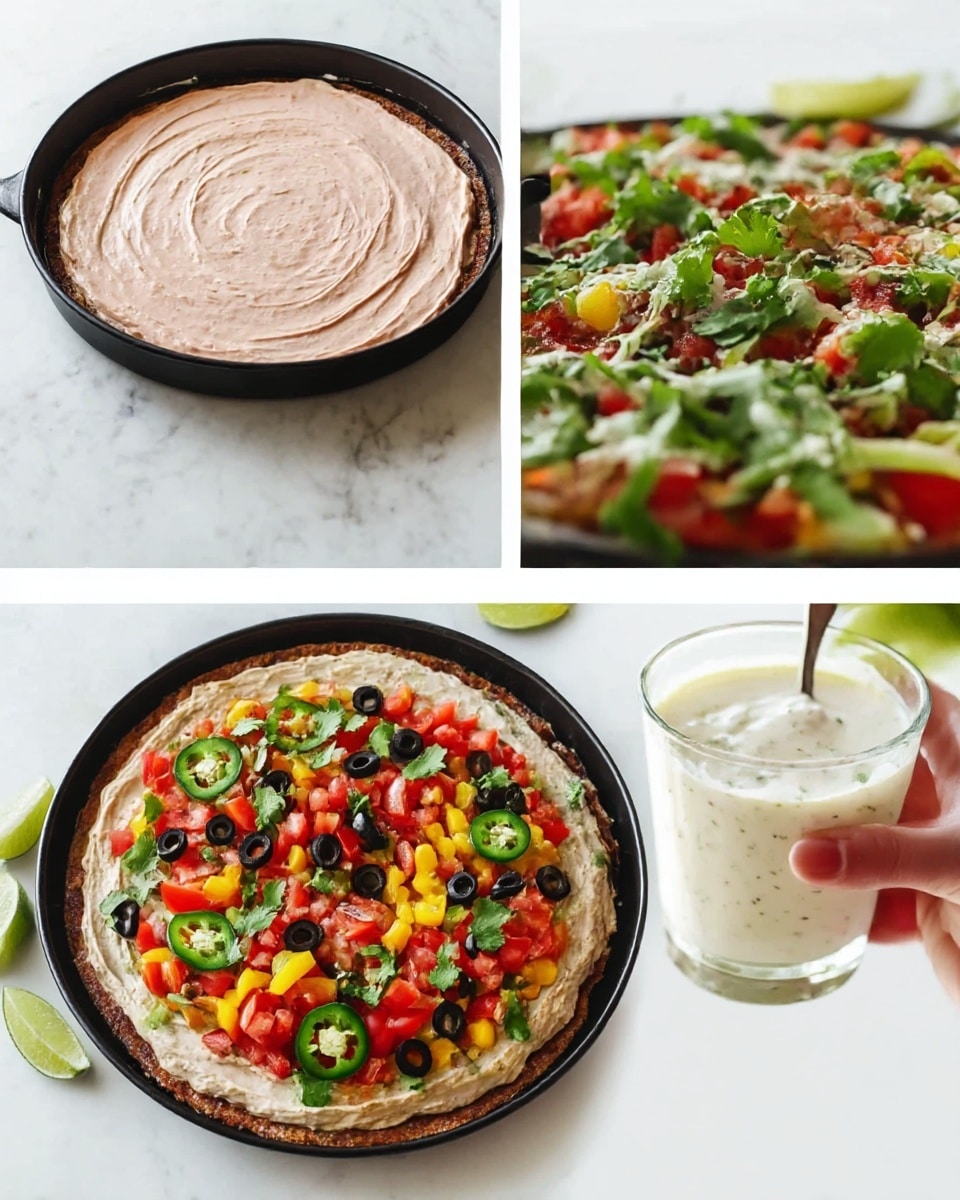 The image shows three frames of a dish preparation on a white marbled surface. The first frame presents a dark round pan with a thick brown base layer topped with a smooth light pink creamy spread layer evenly covering it. The second frame shows the same pan with the brown base now fully covered by fresh colorful toppings: sliced green jalapeños, black olives, bright red chopped tomatoes, yellow pieces (likely peppers), and fresh cilantro leaves scattered all over, with lime wedges placed on the side of the pan. The last frame features a woman’s hand holding a glass containing a white creamy mixture with a spoon dipping into it, partially blurred in front with the colorful topped dish in the background. Photo taken with an iphone --ar 4:5 --v 7