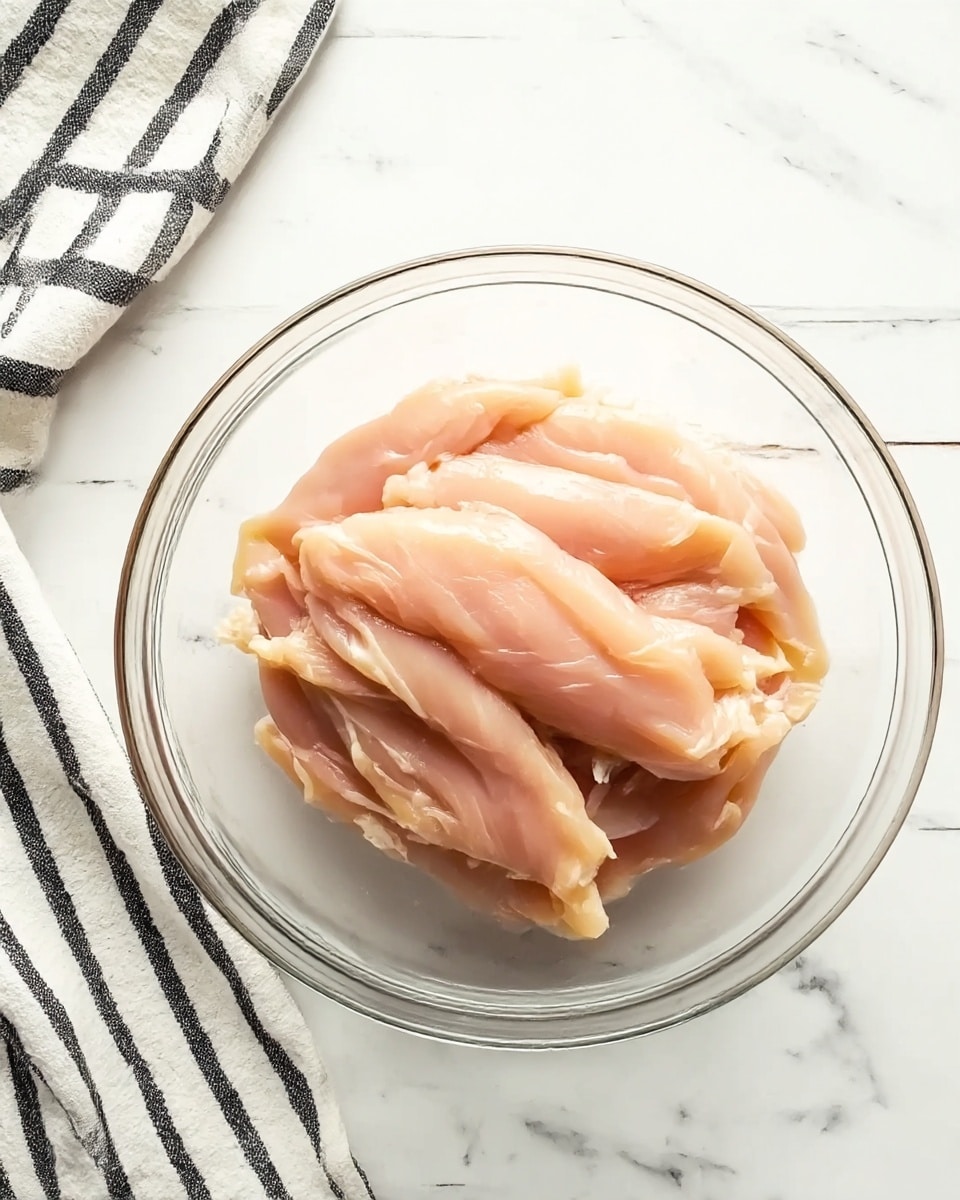 A clear glass bowl holds several raw, light pink chicken strips arranged loosely, with some pieces overlapping. The bowl is set on a white marbled surface next to a black-and-white striped cloth on the left side. The smooth texture of the chicken strips contrasts with the transparent, shiny glass bowl beneath them. The light in the scene is soft and natural, showing simple clean kitchen preparation. Photo taken with an iphone --ar 4:5 --v 7