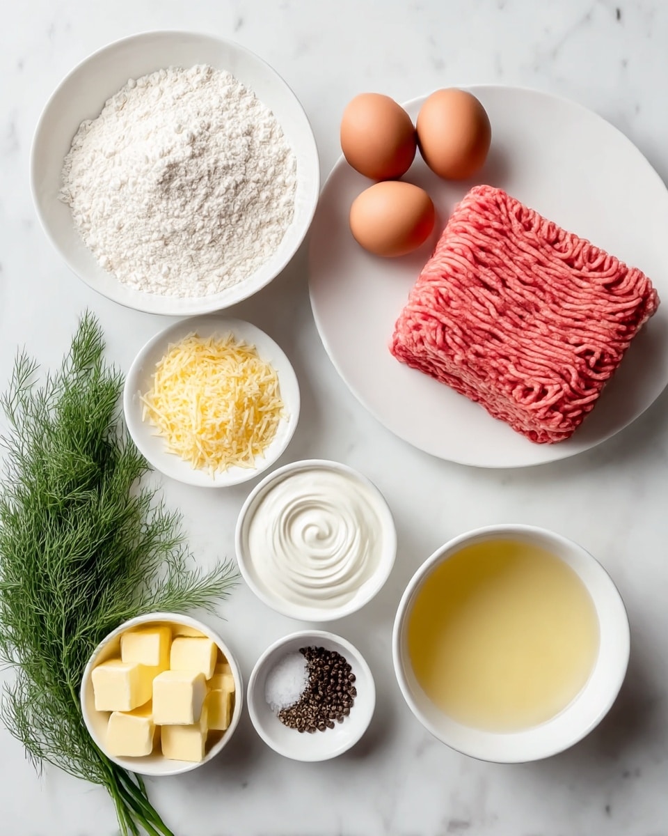 The image shows a white plate filled with a block of raw pink ground meat with a textured surface made of thin strands, placed on the upper right side. To the left, there is a white bowl filled with white flour, textured smoothly. Below it, a small white plate holds three brown eggs with smooth shells. Below the eggs, a small white bowl contains fine yellow grated cheese. In the center, a white bowl is filled with yellow cubed butter pieces sitting closely together. Next to it, a white bowl holds smooth white sour cream or yogurt with a light swirl on top. Below that, there is a small white dish with black peppercorns and white salt. In the lower right corner, a larger white bowl is filled with a yellowish liquid, likely broth. On the bottom left, there is a bunch of fresh green dill with feathery leaves. All these items are arranged neatly on a white marbled surface. photo taken with an iphone --ar 4:5 --v 7