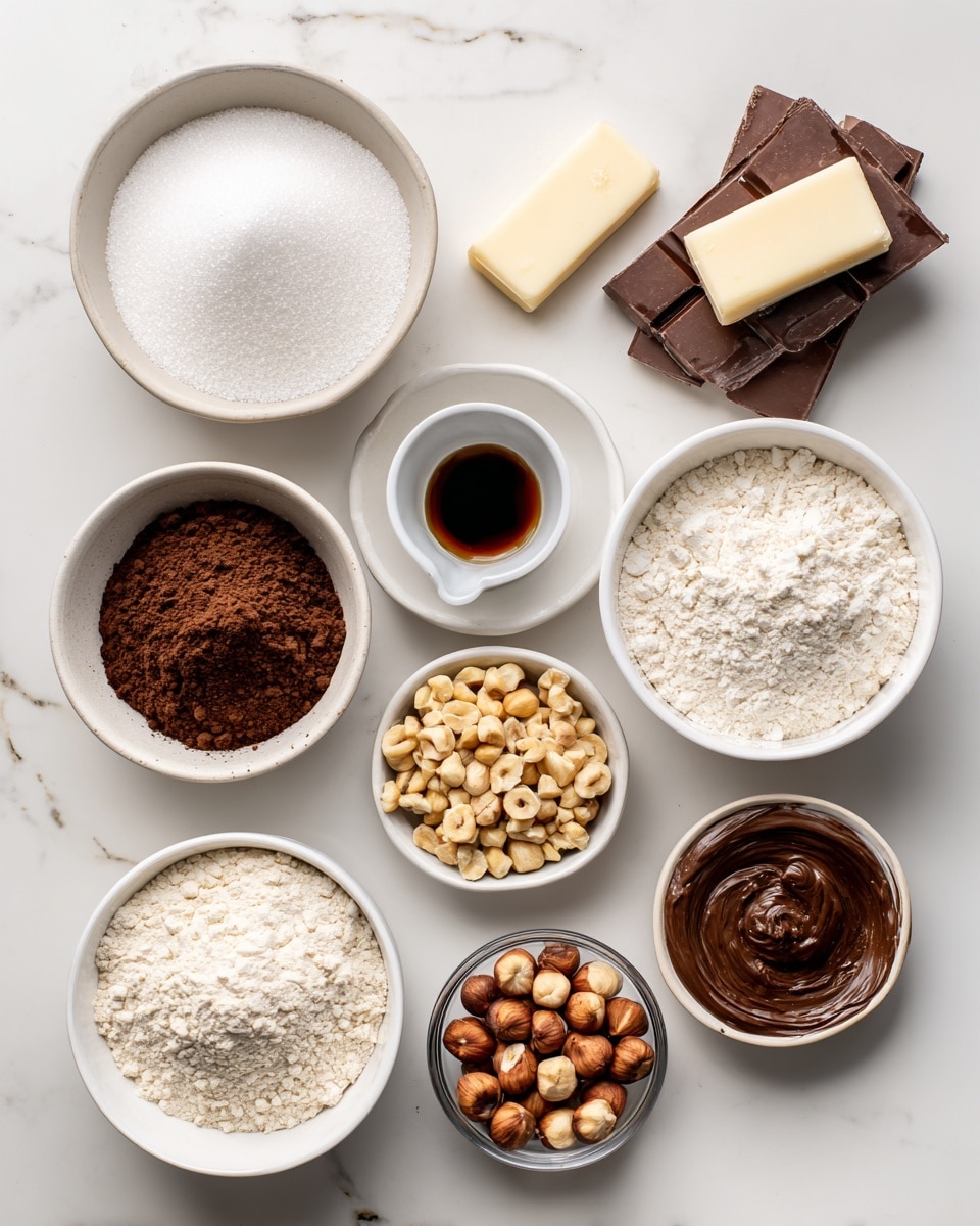 The image shows a top-down view of several white bowls and two sticks of wrapped plant butter arranged neatly on a white marbled background. In the top left corner, there is a large white bowl filled with granulated sugar, beside it on the right are two sticks of plant butter stacked horizontally. Below the sugar is a medium white bowl containing dark brown cocoa powder. Next to it is a small white bowl with white cornstarch, and a small white bowl with dark vanilla extract sits just above that. On the right side is a large white bowl filled with all-purpose flour. Below the flour bowl are two smaller bowls; one holds finely chopped hazelnuts and the other round whole hazelnuts. In the bottom right corner, there is a small glass bowl with a dark brown chocolate hazelnut butter, and a glass bowl with ground flaxseed sits just above it. All ingredients are clearly labeled with black text on white backgrounds. Photo taken with an iphone --ar 4:5 --v 7