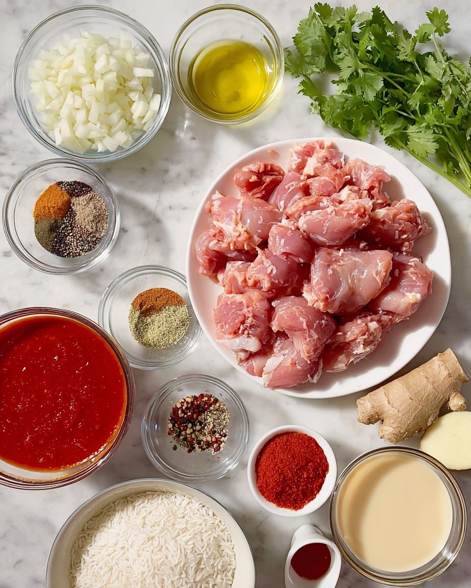 The image shows a white plate filled with raw pink chicken pieces sprinkled with black pepper, placed on a white marbled surface. Surrounding the plate are several clear glass bowls and measuring cups with different ingredients: one bowl has chopped white onions, another has chopped garlic, a small bowl contains a mix of spices with distinct colors of black, yellow, and red, and a bigger bowl is filled with thick red tomato sauce. Near the bottom, there is a small bowl of uncooked white rice and a light brown piece of ginger root. Two measuring cups contain a light yellow liquid and a creamy white liquid. In the lower part, a small bowl holds a red paste. Fresh green cilantro leaves are also on the white marbled surface near the top left. Photo taken with an iphone --ar 4:5 --v 7