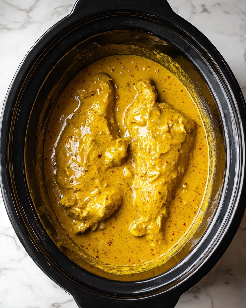 A black slow cooker filled with two large pieces of chicken covered in thick, smooth yellow curry sauce with small chunks of onion and spices mixed throughout the sauce, which has a glossy texture. The slow cooker sits on a white marbled surface. photo taken with an iphone --ar 4:5 --v 7