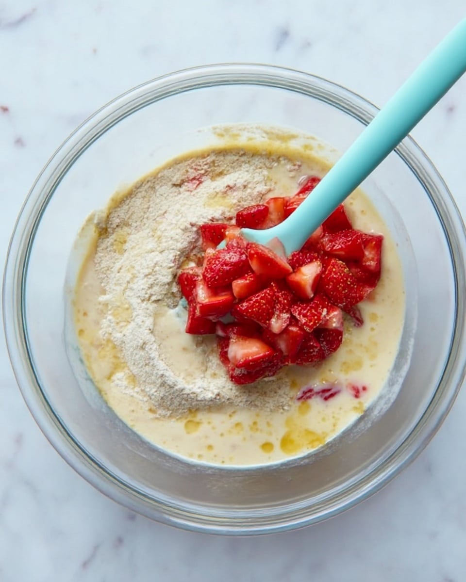 A clear glass bowl holds several layers of ingredients ready for mixing: the bottom layer is a light beige flour mix, partially covered by a creamy off-white liquid and small yellowish areas where the liquid meets the flour. On top, a pile of small, red chopped strawberries sits in the center, adding a bright splash of color. A pale blue spatula rests in the bowl with its tip touching near the strawberry layer. The bowl sits on a white marbled surface. Photo taken with an iphone --ar 4:5 --v 7