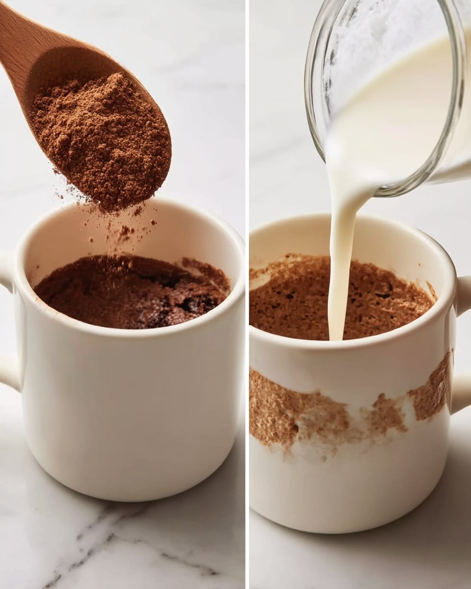 Two side-by-side close-up images show a white ceramic mug on a white marbled surface. In the left image, a wooden spoon holds a heap of cocoa powder being poured over a dry brown batter layer inside the mug. The batter is thick and slightly cracked on top. In the right image, thick white liquid is being poured from a glass onto the same brown batter inside the mug, covering parts of the rough textured surface. Photo taken with an iphone --ar 4:5 --v 7