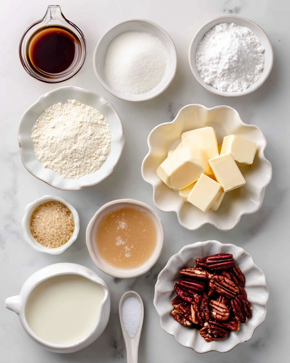 The image shows nine small white bowls and plates arranged on a white marbled surface, each holding a different ingredient. At the top left, there is a small jug with dark brown vanilla extract, next to it on the right is a small round bowl with white baking soda powder. Below the vanilla is a white bowl filled with several square slices of pale yellow butter. To the right is a scalloped white bowl containing smooth, creamy beige sweetened condensed milk. Below the butter, a small white jug holds white whole milk, while next to it is a white bowl filled with golden raw sugar granules. Below the raw sugar is a large white bowl filled with fine white granulated sugar. To the right, a spoon-shaped white dish holds coarse white salt crystals. Finally, at the bottom right, a scalloped white bowl has dark reddish-brown pecan halves and pieces. All bowls and containers create a clean and organized display photo taken with an iphone --ar 4:5 --v 7