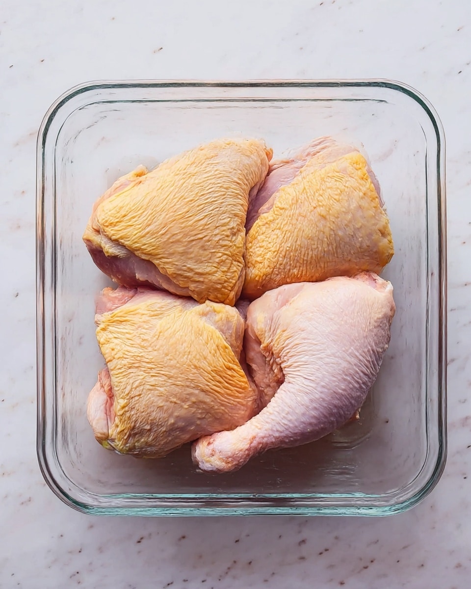 A clear glass rectangular dish holds four large raw chicken pieces arranged in a single layer. Three pieces are skin-on with a yellowish-pink color and a slightly wrinkled texture, placed closely together on the top and right side of the dish. One piece is a pale pink drumstick with skin, positioned at the bottom left. The dish sits on a white marbled surface with a subtle shine, creating a clean and simple background. photo taken with an iphone --ar 4:5 --v 7