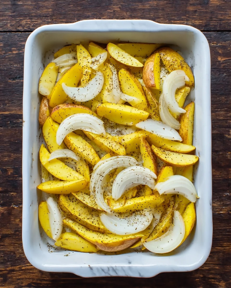 A white rectangular baking dish holds a single layer of potato wedges mixed with sliced onions. The potatoes are yellow with brown skin on the edges, showing a rough texture. The onions are white and curved, placed evenly among the potato wedges. The entire mix is lightly sprinkled with black pepper, adding tiny black specks over the yellow and white pieces. The dish is set on a dark wooden surface but for the prompt it should be imagined on a white marbled texture. photo taken with an iphone --ar 4:5 --v 7