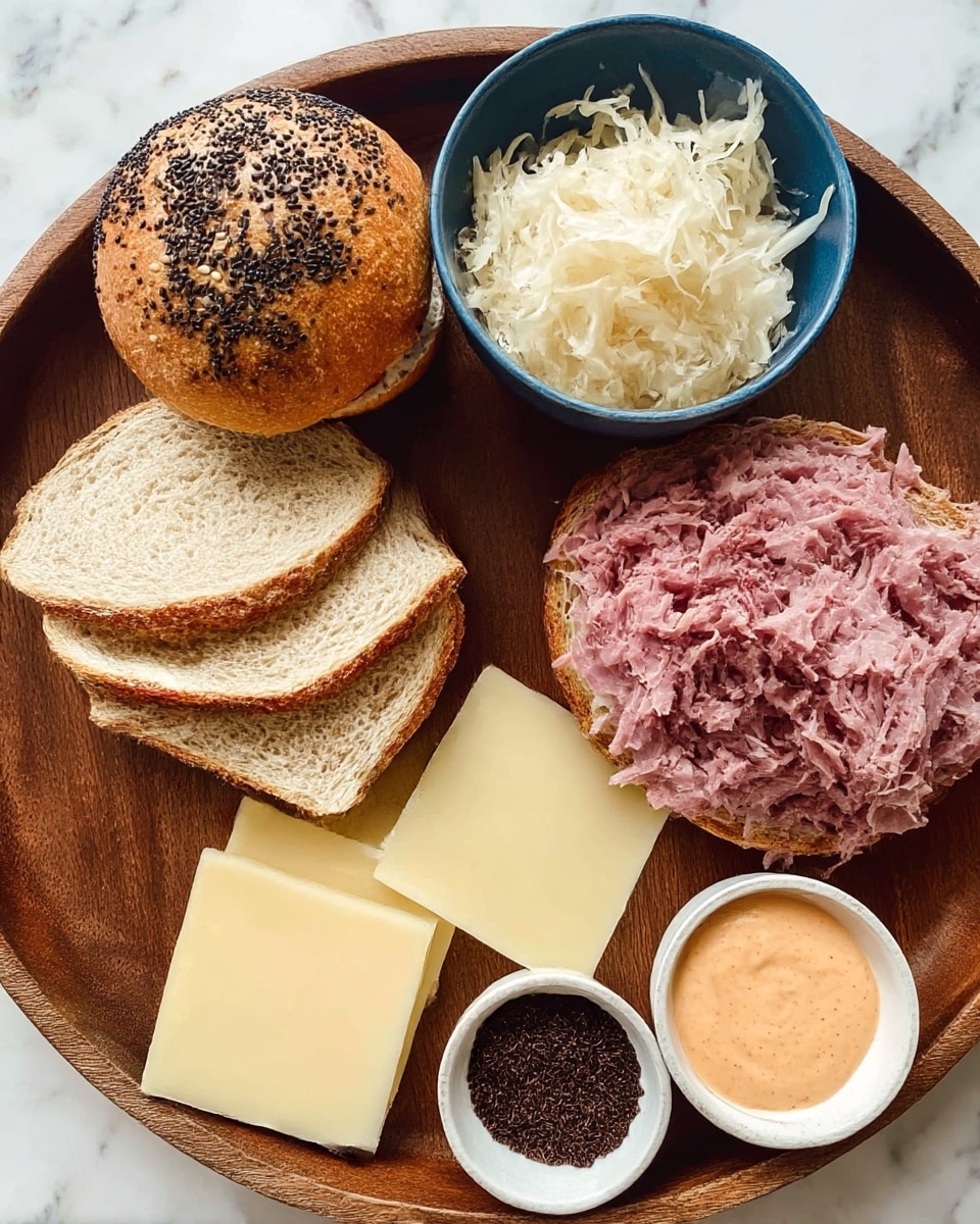 A round wooden tray holds several sandwich ingredients arranged neatly: two sesame seed burger buns with one bun topped with black seeds, three slices of light brown sandwich bread stacked slightly overlapping, two thin slices of pale yellow cheese placed directly on the tray, and a pile of pinkish shredded meat. There is a blue bowl filled with shredded pale sauerkraut and two small white bowls, one with dark brown seeds and the other with a light orange creamy sauce. The background is a white marbled surface. photo taken with an iphone --ar 4:5 --v 7
