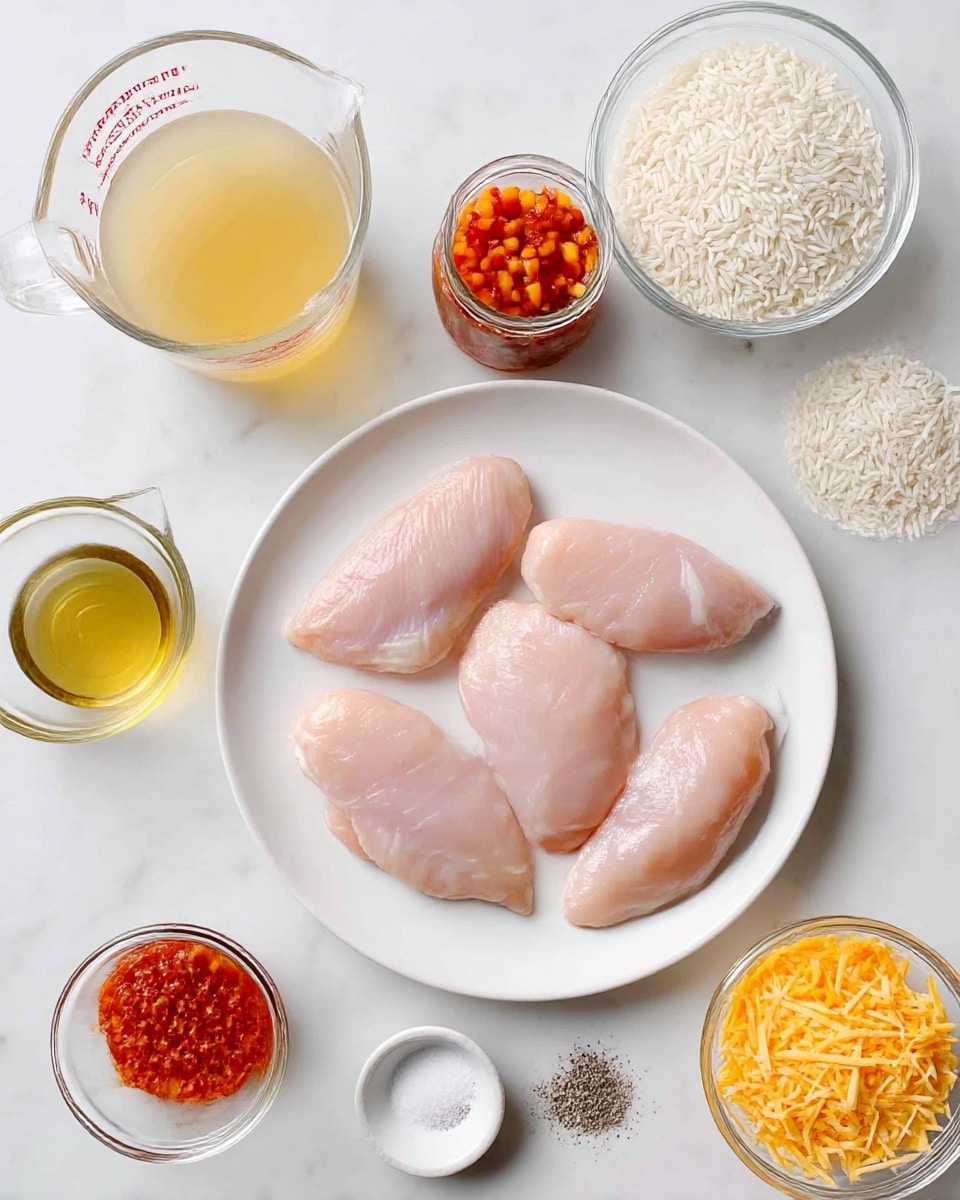 A white round plate holds four raw chicken pieces with a smooth, pale pink texture in the center of a white marbled surface. To the left, there is a clear glass measuring cup filled with light yellow chicken broth on the top and a small clear glass bowl containing finely chopped bright orange-red peppers below it. Under the peppers, a small glass jar is filled with chunky, deep red mango salsa. Above the chicken plate, to the right, is a clear glass bowl with uncooked white long grain rice, and below it, a tiny clear glass cup holds light golden oil. Near the bottom right, a small clear glass bowl contains a mix of shredded yellow and white cheese, while a tiny white dish with salt and pepper sits close by. photo taken with an iphone --ar 4:5 --v 7