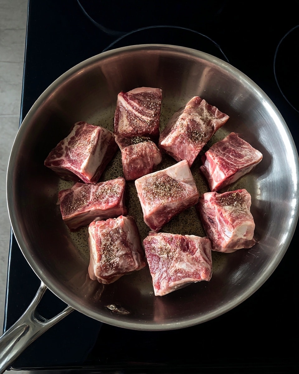The image shows eight pieces of raw meat with bones and light seasoning, placed inside a shiny stainless steel frying pan. The meat is pink with white fat edges and a bit of dark seasoning sprinkled on top. The pan has a handle and sits on a black stovetop surface. The scene is simple and focused on the raw meat before cooking. photo taken with an iphone --ar 4:5 --v 7