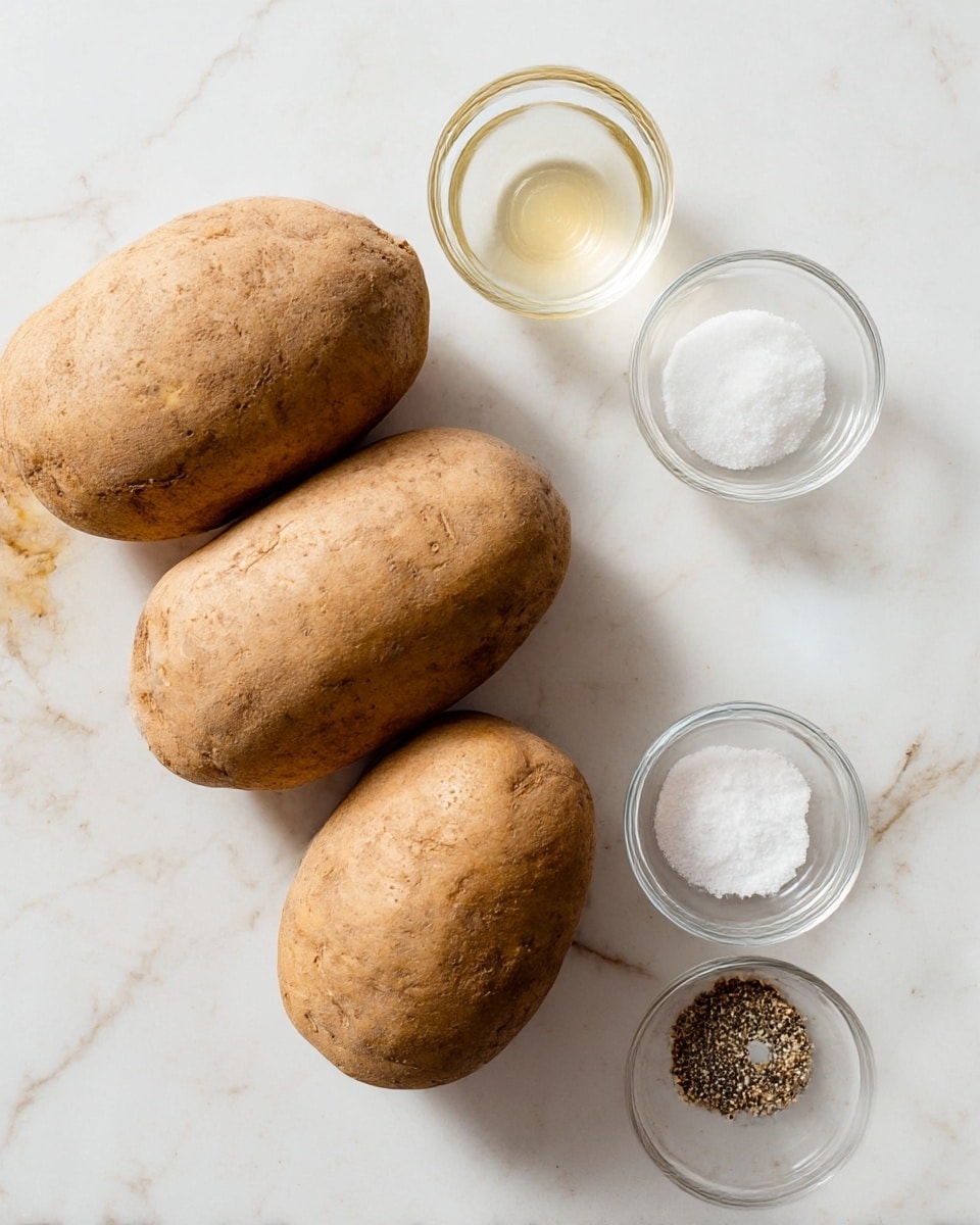 Four large potatoes with brown, rough skin lie on a white marbled surface in the bottom left corner. To the top right are three small clear glass bowls, each containing different ingredients: one with a clear liquid, one with white salt, and one with mixed black and white ground pepper. The arrangement feels simple and clean with soft, natural lighting. Photo taken with an iphone --ar 4:5 --v 7