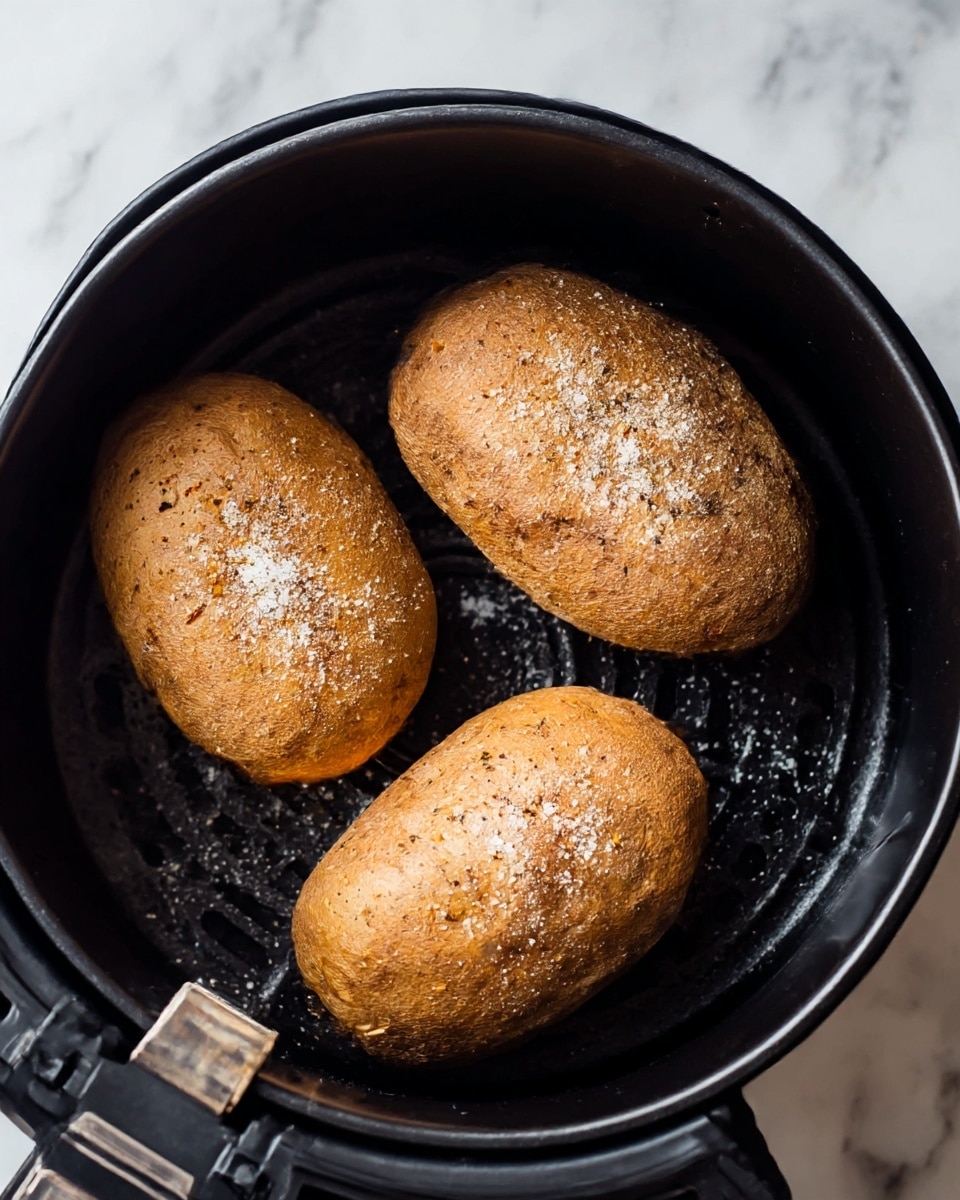 Three whole russet potatoes with a rough brown skin, each sprinkled with coarse salt and small bits of black pepper, are placed inside a black air fryer basket. The potatoes are arranged close to each other, showing their textured, slightly wrinkled surface. The air fryer is open, revealing the basket resting on a clean white marbled surface. Photo taken with an iphone --ar 4:5 --v 7