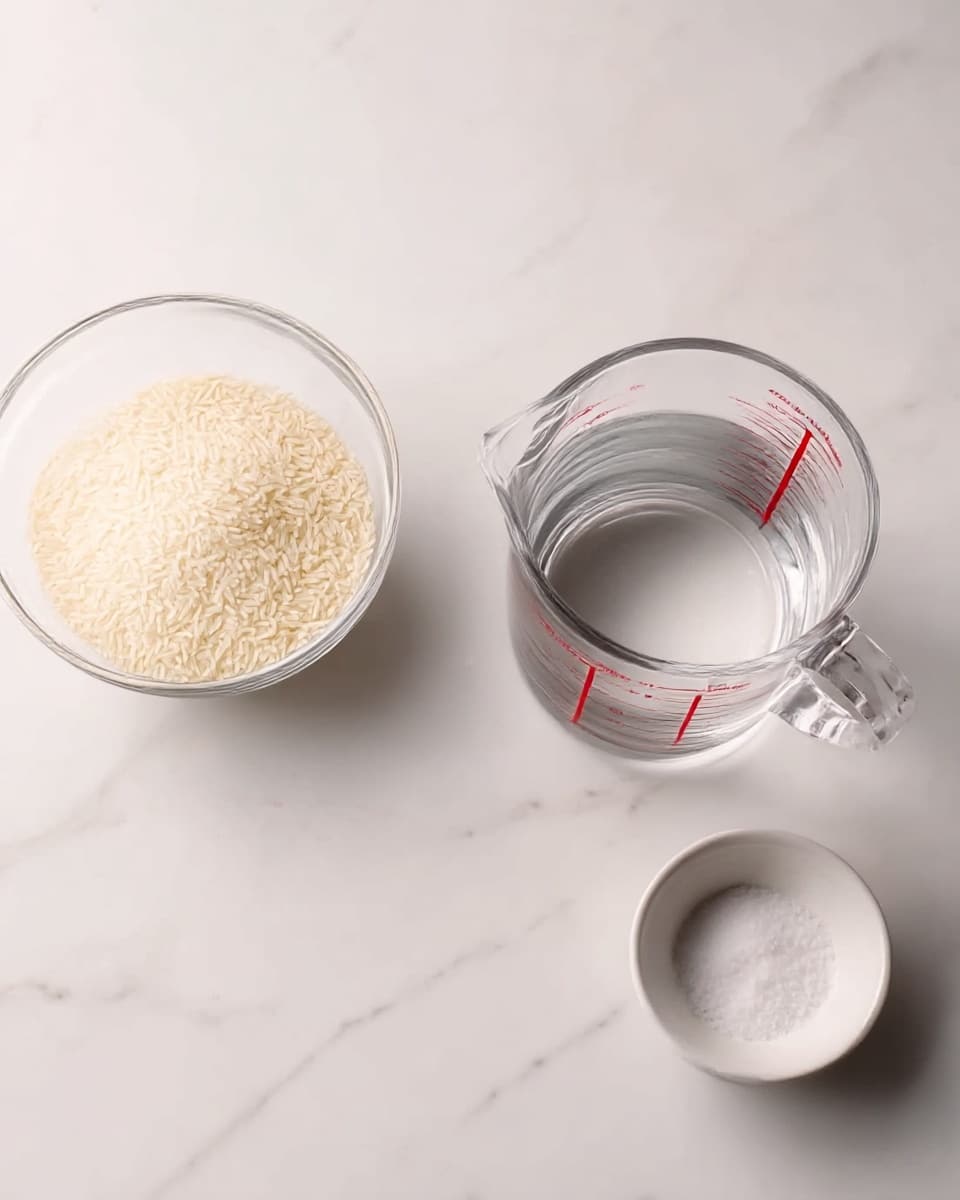 The image shows three clear containers placed on a white marbled surface. On the left is a glass bowl filled with dry white rice grains. In the center, there is a clear measuring cup filled with water, showing red measurement marks on the outside. On the right, a small white bowl holds a portion of salt. The scene is simple and clean, with a soft light enhancing the textures and transparency of the containers photo taken with an iphone --ar 4:5 --v 7