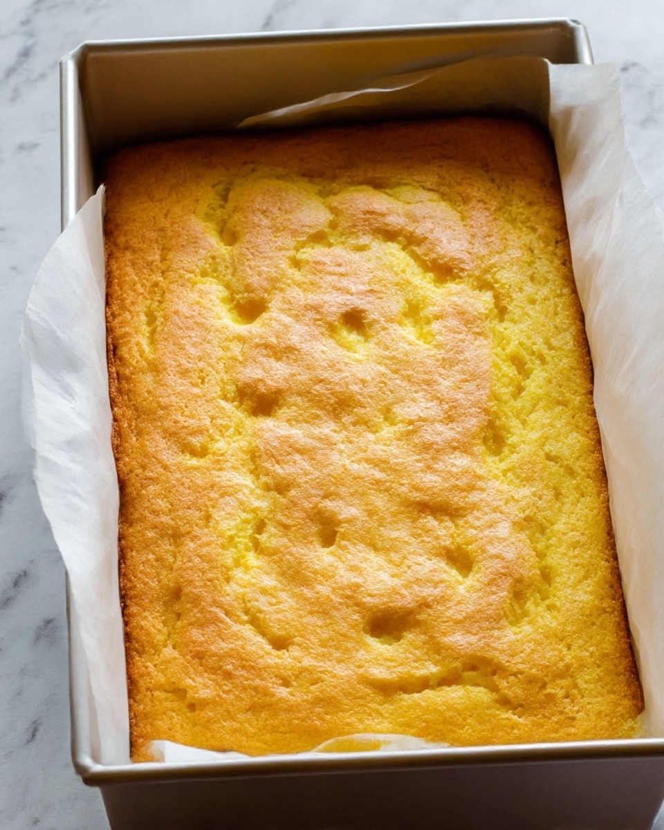 This image shows a rectangular metal baking pan filled with a single layer of golden yellow cake that has a lightly browned, slightly uneven top surface with some small holes and cracks. The cake appears soft and moist with a spongy texture. The pan is partially lined with white parchment paper on one side, and the background is a white marbled texture. Photo taken with an iphone --ar 4:5 --v 7