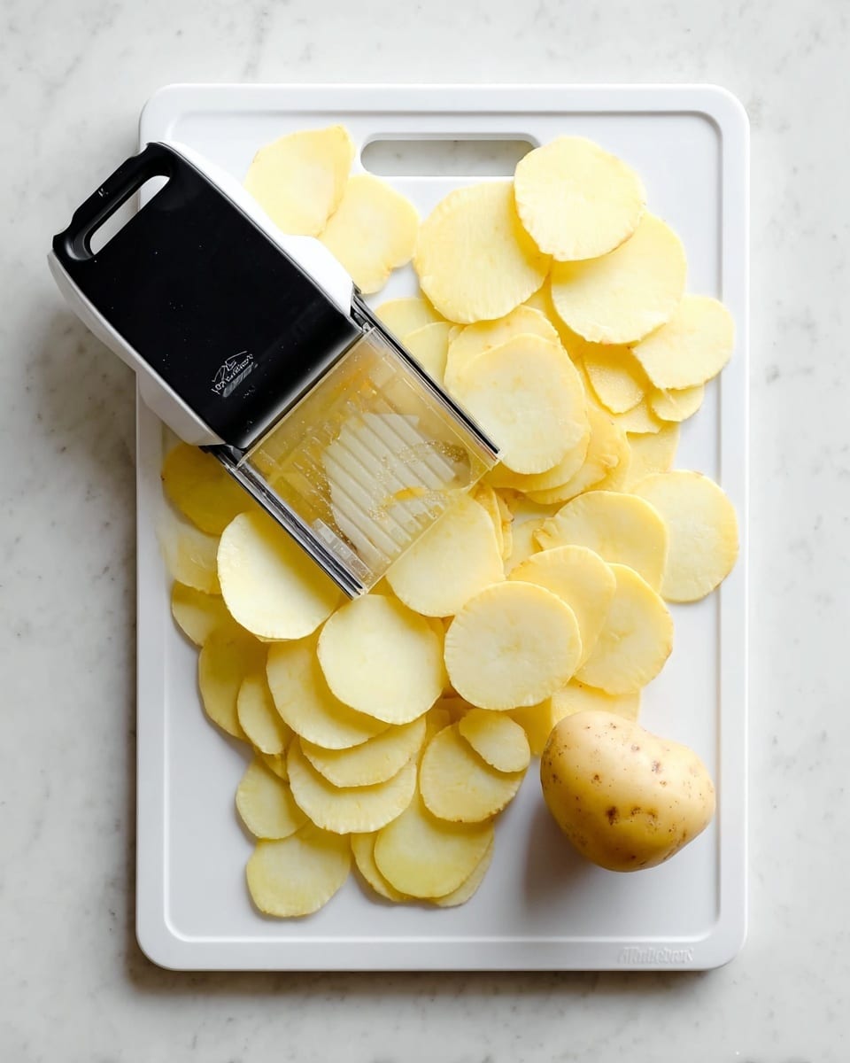 A white rectangular cutting board with a black-handled slicer placed diagonally near the center, surrounded by many thin, round, pale yellow potato slices spread out under and around the slicer. On the right side of the board, there is one whole peeled potato and a black and transparent hand guard for slicing. The cutting board rests on a white marbled surface. photo taken with an iphone --ar 4:5 --v 7