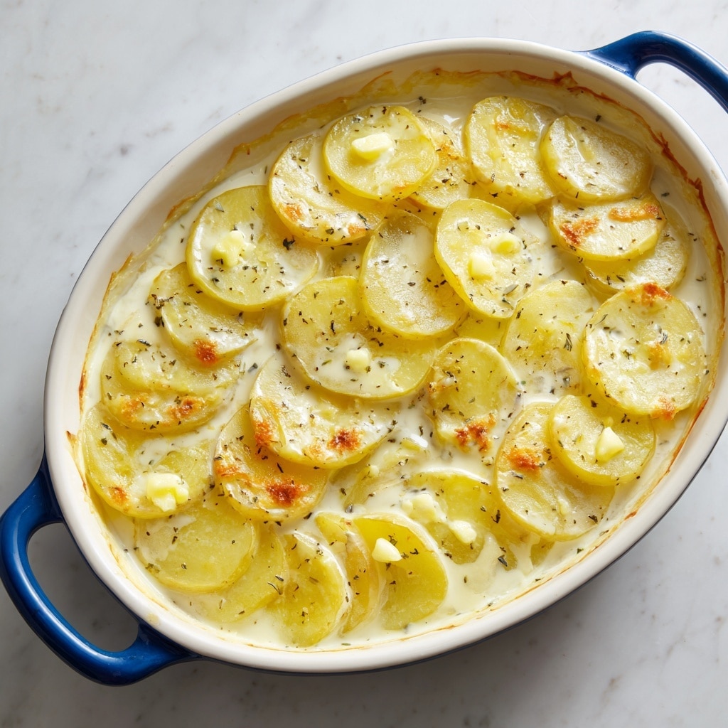 A white baking dish with blue handles holds several thin, round slices of pale yellow potatoes arranged in overlapping rows. The potatoes are covered with a creamy white sauce that partially pools around and between the slices, with small dollops of melting butter scattered on top. The glossy sauce gives a soft texture contrast to the smooth potato slices. The dish sits on a white marbled surface. photo taken with an iphone --ar 4:5 --v 7