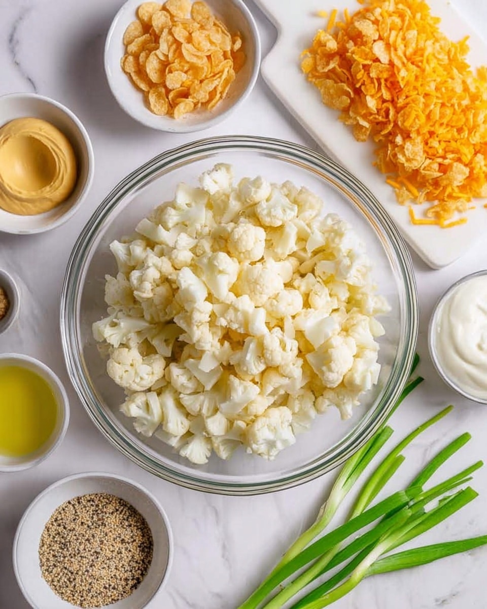 The image shows a clear glass bowl filled with chopped white cauliflower pieces in the center, surrounded by small white bowls containing light yellow mustard, crushed golden brown cornflakes, finely chopped green onions, grated orange cheddar cheese on a white cutting board, black and white mixed pepper, light yellow melted butter, and white sour cream on a white marbled surface. The ingredients are neatly arranged around the bowl, ready for mixing. photo taken with an iphone --ar 4:5 --v 7