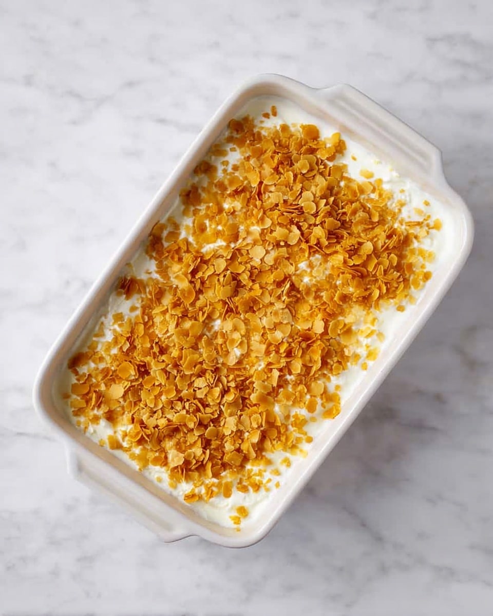 A white rectangular baking dish filled with a creamy white layer topped with a golden, crunchy layer of crushed flakes evenly spread on top. The dish is placed on a white marbled surface, showing a simple yet inviting texture contrast between the smooth creamy base and the crispy topping. Photo taken with an iphone --ar 4:5 --v 7
