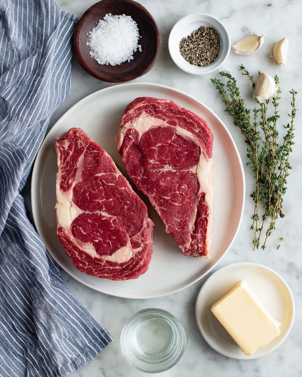 Two thick raw red steaks with white fat edges are placed side by side on a round white plate in the center. Above the plate, there is a small dark wooden bowl filled with coarse white salt and a small white bowl with ground black pepper. To the right of the plate, two sprigs of green fresh thyme lie on the white marbled surface. Below the plate, there is a small white plate holding a rectangular piece of pale butter and two cloves of garlic next to it. Also below the plate, a small clear glass bowl with a transparent liquid is placed. On the left side, a blue and white striped kitchen towel is partially visible on the white marbled surface. Photo taken with an iphone --ar 4:5 --v 7