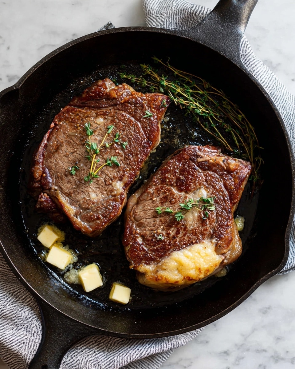 Two cooked steaks with a dark brown, seared outside sit in a black cast iron pan. Each steak has a marbled fat edge in light yellow and cream colors. There are small green thyme sprigs on top of the steaks, and scattered pieces of soft, light yellow butter melt in the pan alongside the meat. The pan rests on a white marbled surface with a gray and white striped cloth partially underneath. The photo taken with an iphone --ar 4:5 --v 7