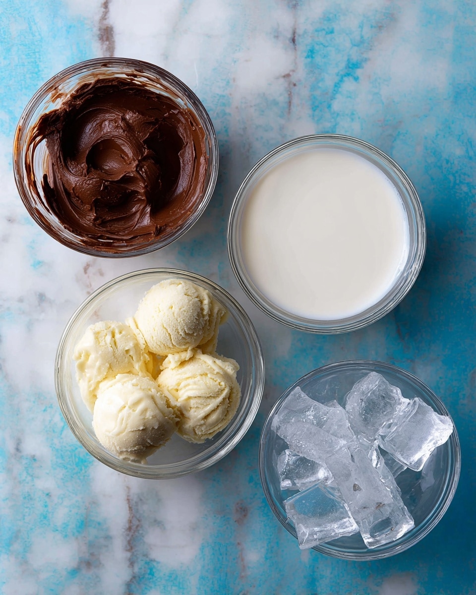 The image shows four small clear bowls placed on a white marbled surface, arranged in a square shape. The top left bowl holds smooth, dark chocolate spread with a glossy texture. The top right bowl is filled with white milk, smooth and full. The bottom left bowl contains several scoops of pale yellow vanilla ice cream with a soft creamy texture. The bottom right bowl is filled with clear ice cubes, slightly wet and reflecting light. All bowls have a simple, clean look, emphasizing the textures and colors of the contents. photo taken with an iphone --ar 4:5 --v 7
