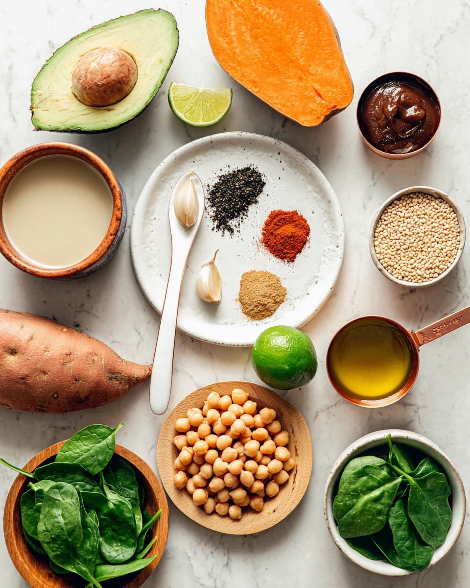 The image shows a flat lay of various fresh ingredients on a white marbled surface. Central is a white plate with a white spoon holding black pepper, two cloves of garlic, a small wooden round board with four different spices in brown, red, beige, and orange shades, and half a bright green lime. Surrounding the plate are a wooden bowl filled with light brown chickpeas, a halved bright orange sweet potato, a small white bowl with beige grains, a dark green avocado, a white whole onion, and a white plate with fresh green spinach leaves. Also seen are a small white bowl with dark brown paste, a terracotta bowl filled with a light beige liquid, a small white dish holding golden olive oil, and a copper measuring cup with a dark liquid. All items are arranged neatly with bright and natural lighting. photo taken with an iphone --ar 4:5 --v 7