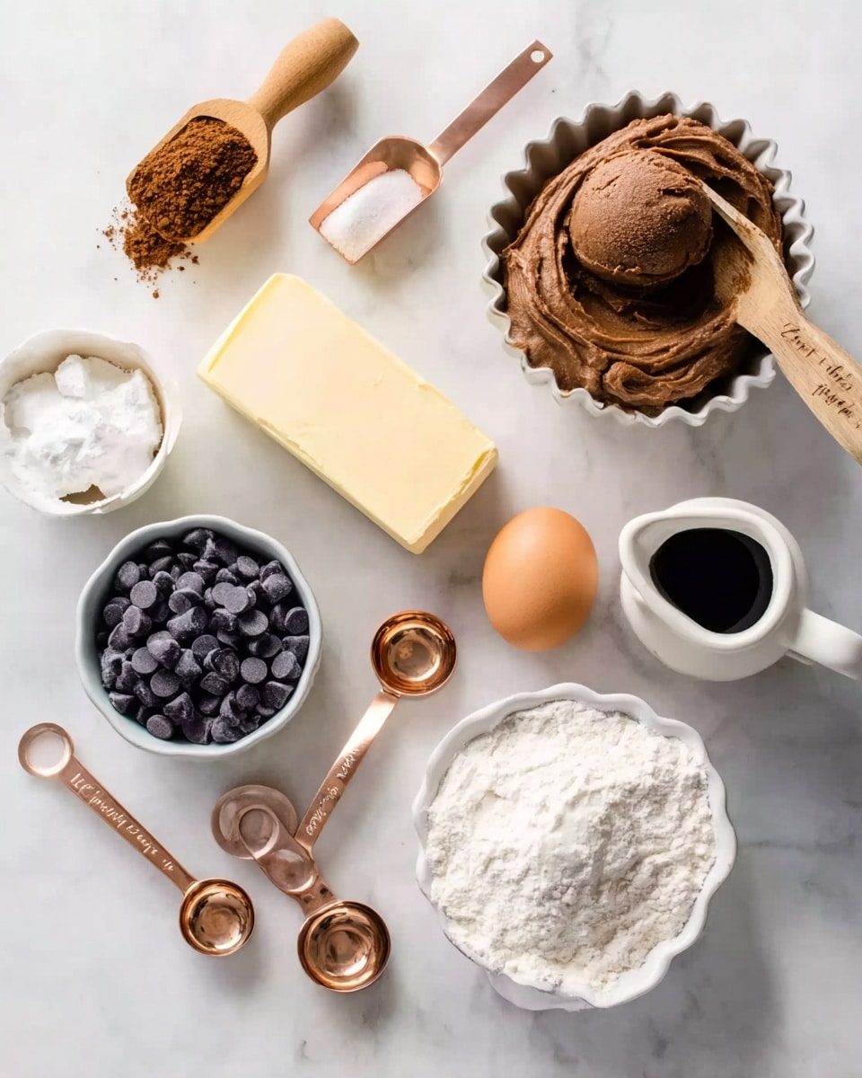 The image shows several baking ingredients arranged neatly on a white marbled surface. There is a white bowl filled with dark brown peanut butter at the top right, and a white fluted bowl with a scoop of chocolate ice cream or mousse, with a small wooden scoop resting on it, on the right side. At the top left, a small wooden scoop holds a brown powder, possibly cocoa or coffee. Below it, a white pitcher contains shiny dark chocolate chips. In the center, there is a block of butter wrapped in paper, and a single brown egg next to it. Around the main items, there are copper measuring spoons and white measuring cups filled with white flour, sugar, and a white powder, most likely baking soda, all arranged carefully. One copper spoon holds a dark liquid, perhaps vanilla extract. The image has soft natural lighting, showing clear textures of each ingredient. Photo taken with an iphone --ar 4:5 --v 7