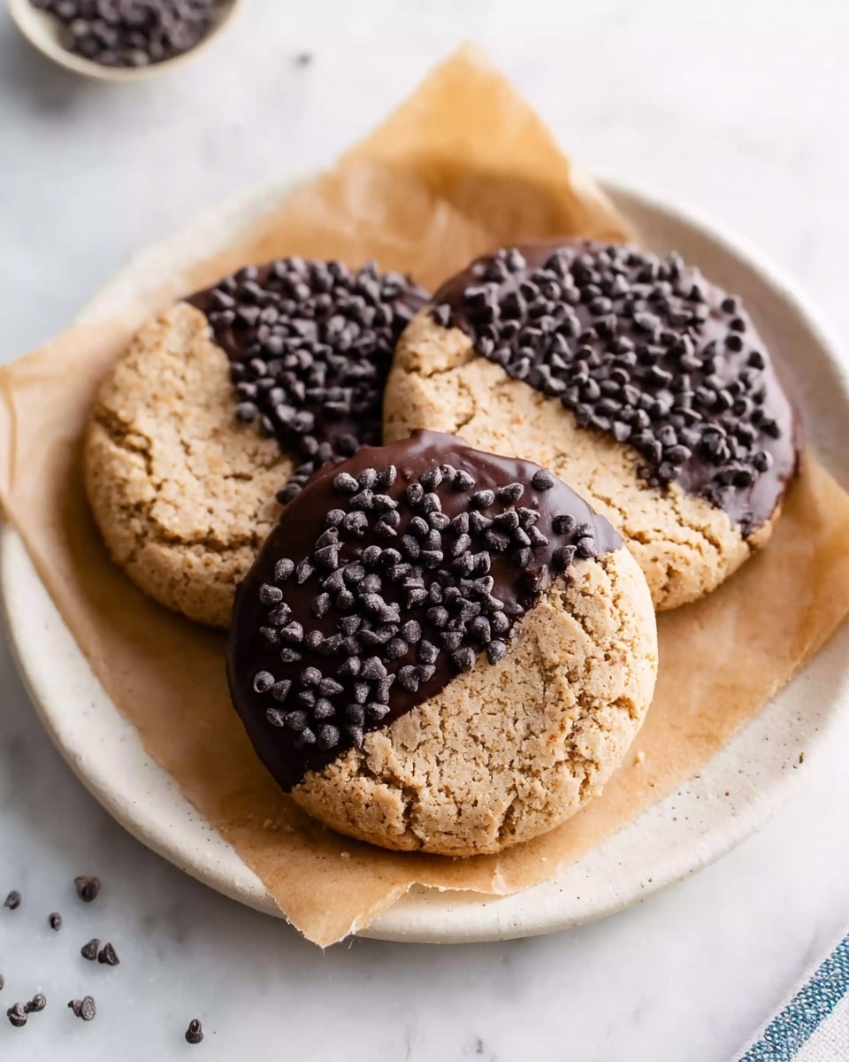 The image shows three round cookies on a piece of brown parchment paper placed on a white plate over a white marbled surface. Each cookie is half dipped in dark chocolate and covered with small, dark chocolate chips on the dipped side. The cookies have a light brown, slightly cracked texture on the other half, showing a soft, crumbly surface. The chocolate side is smooth with the chips clustered densely on top, creating a contrast between the rough cookie texture and the glossy chocolate with chips. The photo is bright and clear, with some crumbs and chocolate chips scattered nearby. Photo taken with an iphone --ar 4:5 --v 7