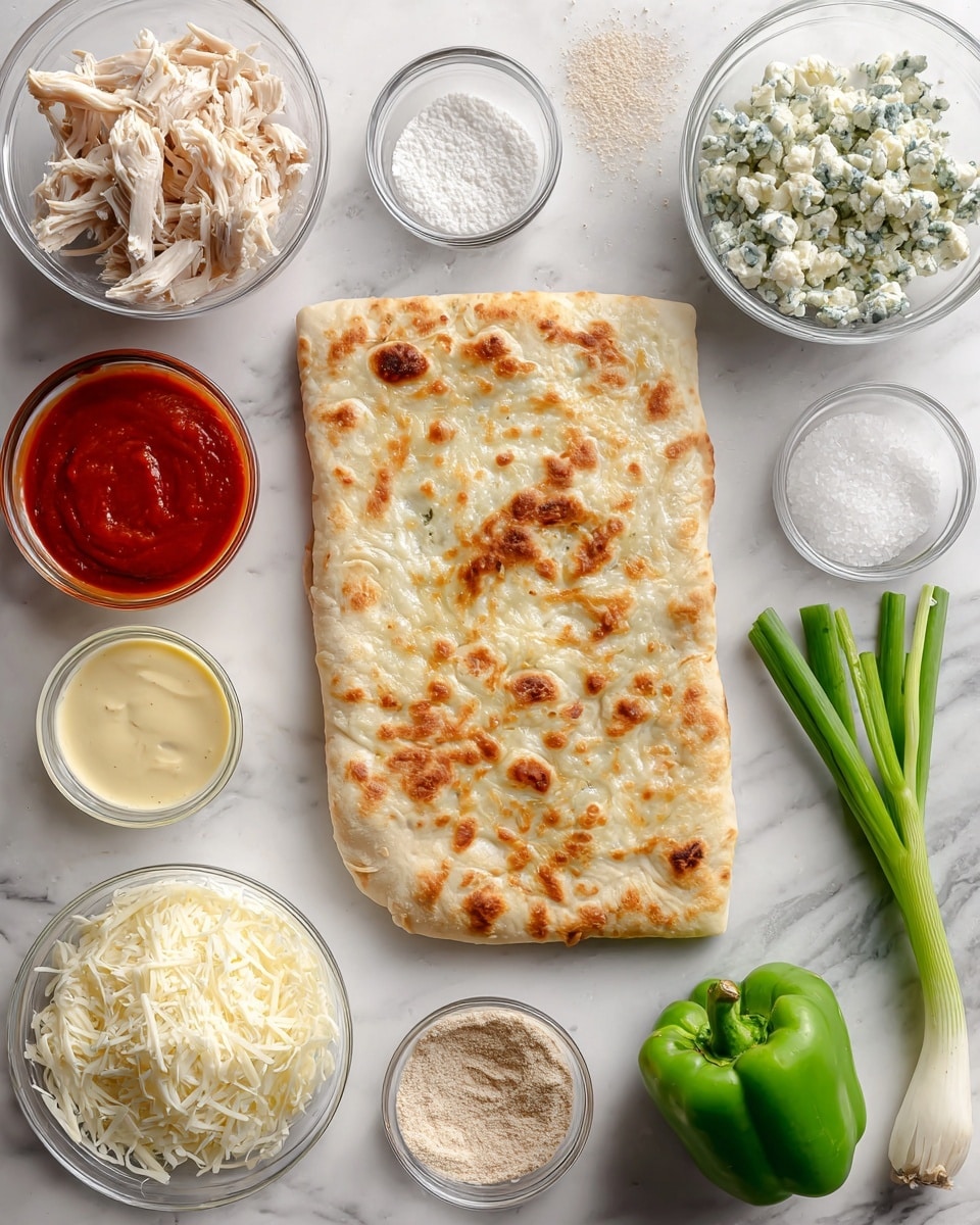 The image shows a flat rectangular piece of flatbread in the center on a white marbled surface, surrounded by small clear glass bowls and whole vegetables. Around the flatbread, there is a bowl with pale yellow ranch dressing at top center, a bowl with fine white salt to the right, a bowl filled with white shredded mozzarella cheese below the salt, a fresh green onion to the right side next to the flatbread, and a green bell pepper at the bottom right corner. On the left side, there is a bowl with beige shredded rotisserie chicken at the bottom left, a deep red bowl of Frank’s hot sauce above it, and a bowl with crumbled blue cheese above the sauce. At the top left corner, a small bowl of light brown garlic powder is placed, and at the bottom, another small bowl with light beige onion powder is visible. The flatbread is light golden with some brown spots and a soft textured surface. Photo taken with an iphone --ar 4:5 --v 7