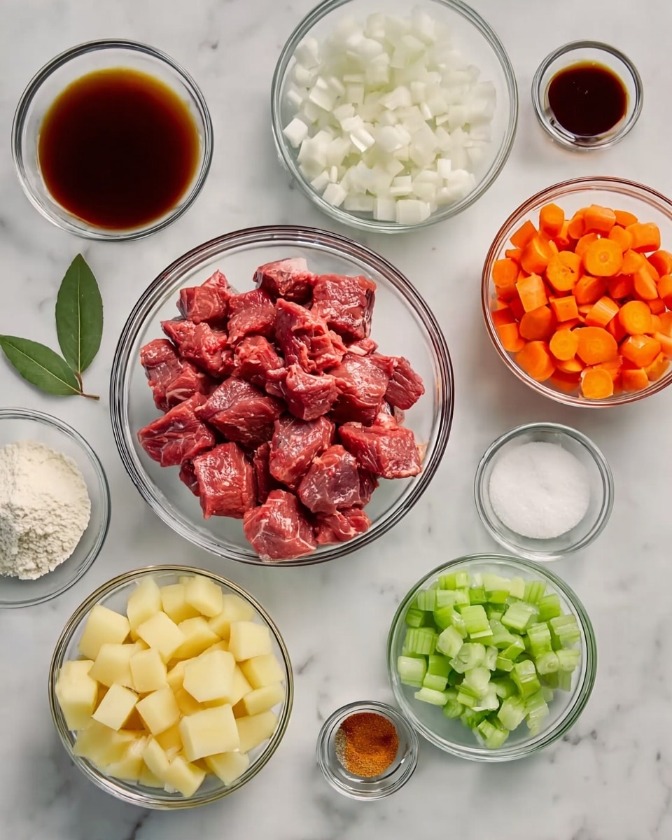 The image shows several clear glass bowls arranged neatly on a white marbled surface. In the center is a bowl filled with raw, red chunks of meat. Surrounding it, starting from the top left, are a bowl with a dark brown liquid, a bowl with small white diced pieces, a bowl with chopped orange carrots, and a bowl with sliced green celery. Below these are smaller bowls and dishes that hold light yellow cubed potatoes, white minced garlic, white flour, black pepper, reddish-brown paprika, salt, and a small dish with a dark liquid likely soy sauce. A single green bay leaf is placed on the surface near the smaller bowls. Photo taken with an iphone --ar 4:5 --v 7