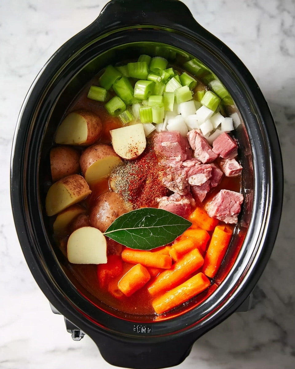 A black slow cooker filled with neatly arranged raw ingredients layered inside. Starting from the left, there are quartered potato pieces with brown skin, followed by chopped light green celery at the top center. To the right of celery, there are small white chopped onions. In the middle, raw pink meat chunks are placed with a sprinkle of red and black spices on top. Just below the meat, there is a single bright green bay leaf sitting on a reddish-brown liquid that partially covers the bottom. On the right side, there are thick, evenly cut bright orange carrot sticks. The cooker is set on a clean white marbled surface. photo taken with an iphone --ar 4:5 --v 7