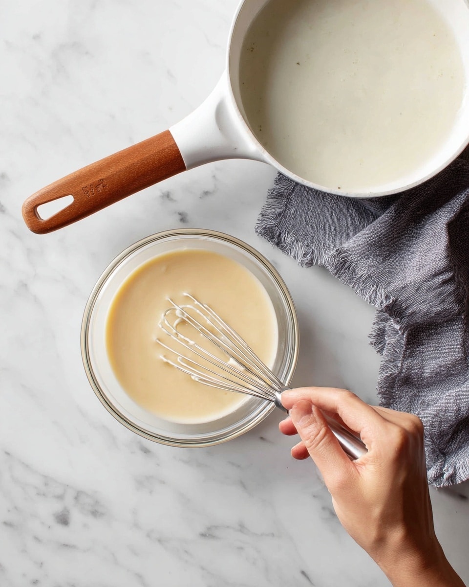 A small clear glass bowl sits on a white marbled surface filled with a smooth, light beige mixture being stirred by a woman's hand using a small silver whisk. Above the bowl is a white pan with a brown and white handle containing a creamy white liquid. A crumpled gray cloth is placed to the side on the white marbled surface. The scene is bright and clean with a focus on the two bowls and the stirring action. photo taken with an iphone --ar 4:5 --v 7