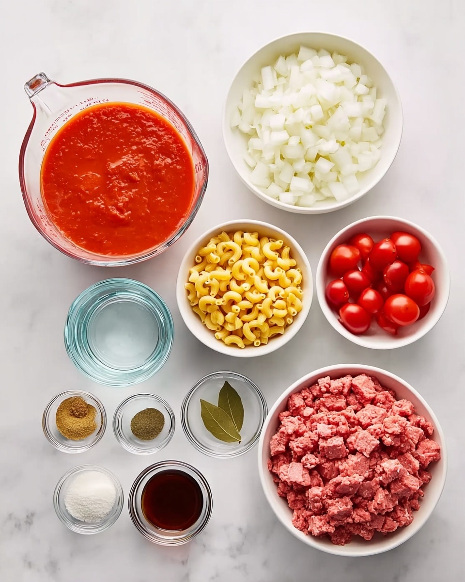 The image shows several ingredients placed separately on a white marbled surface. There is a large white bowl filled with chopped raw meat at the bottom right. Above it, a medium white bowl contains diced white onions. To the right of that, there is a larger white bowl with whole peeled tomatoes in juice. Next to it, a large white bowl holds uncooked elbow macaroni pasta. In the center, a medium white bowl is full of smooth red tomato sauce. On the left side, a glass measuring cup contains clear water. Small glass bowls hold various ingredients, including a light brown powder, green dried herbs, olive oil, dark brown Worcestershire sauce, minced garlic, and two bay leaves. All items are neatly arranged in rows, giving a clear view of each element. Photo taken with an iphone --ar 4:5 --v 7