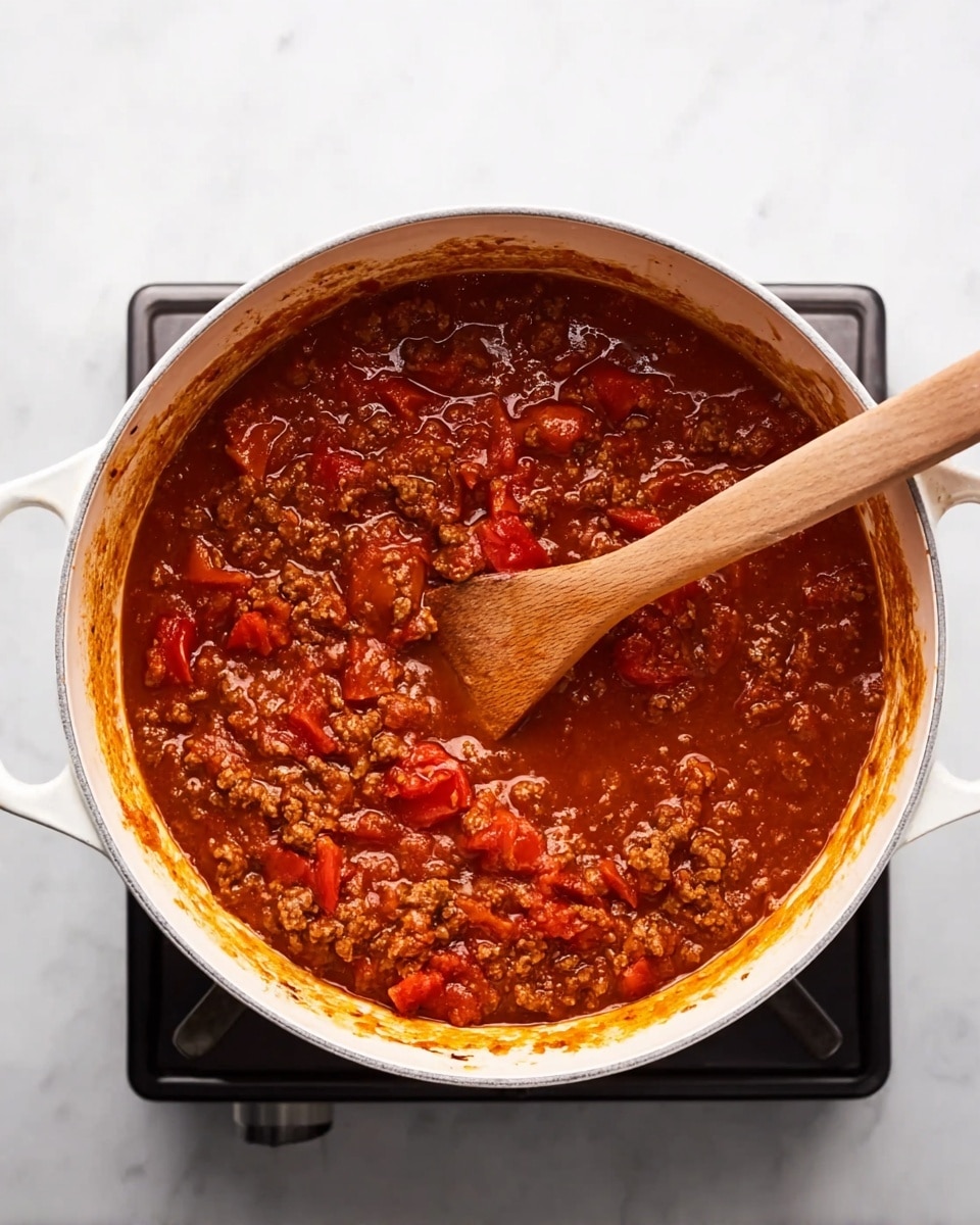 A white pot filled with a thick tomato sauce mixed with ground meat and red tomato chunks. The sauce has a shiny, rich red color with brown bits of meat spread throughout. A wooden spoon with a long handle is resting inside the pot, slightly stained with the sauce. The pot is on a black electric stove set on a white marbled texture surface. photo taken with an iphone --ar 4:5 --v 7