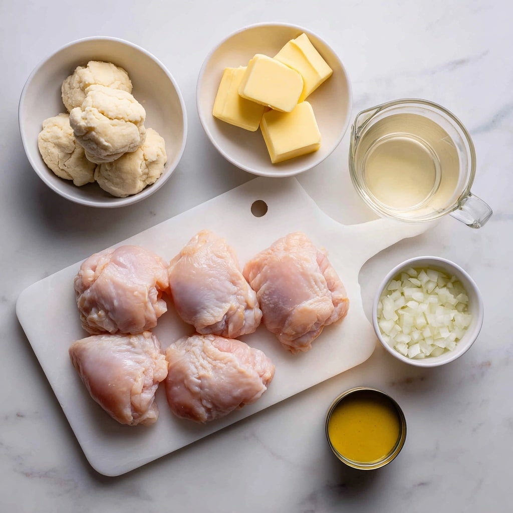 The image shows four raw pieces of chicken placed neatly in a row on a small white cutting board with a round hole near the top. Surrounding the cutting board are six small containers: to the top left, a white bowl holds several folded white tortillas; below it, a small white bowl contains two chunks of yellow butter. To the right of the board, there is a white measuring cup filled with clear water, next to a small white bowl filled with finely chopped white onions. Finally, a small opened can filled halfway with yellow mustard is placed near the measuring cup. All items rest on a white marbled surface. Photo taken with an iphone --ar 4:5 --v 7