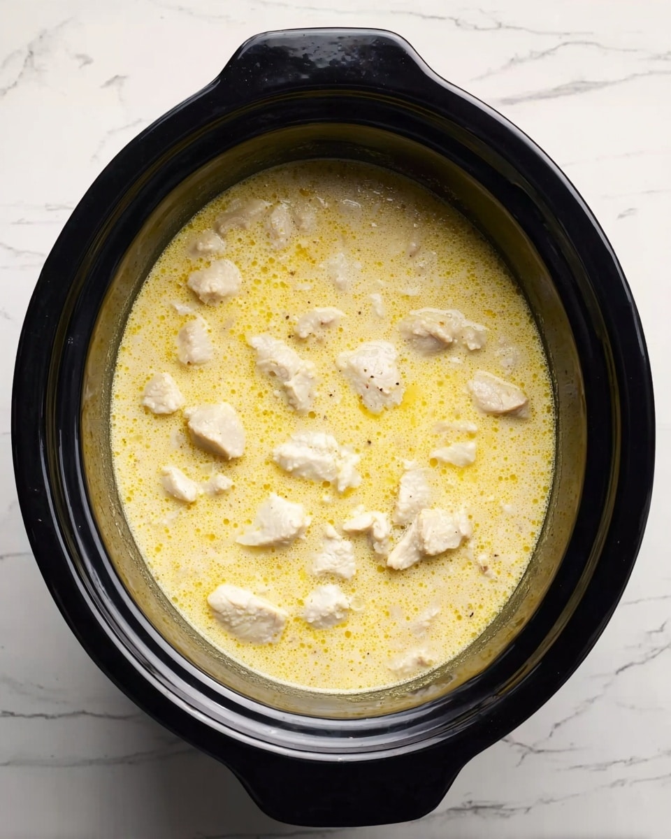 A dark black slow cooker is shown from above, filled with a creamy, light yellow soup with a smooth texture. Floating in the soup are multiple chunks of white meat, evenly spread out on the surface. The slow cooker rests on a white marbled surface with thin gray lines. photo taken with an iphone --ar 4:5 --v 7