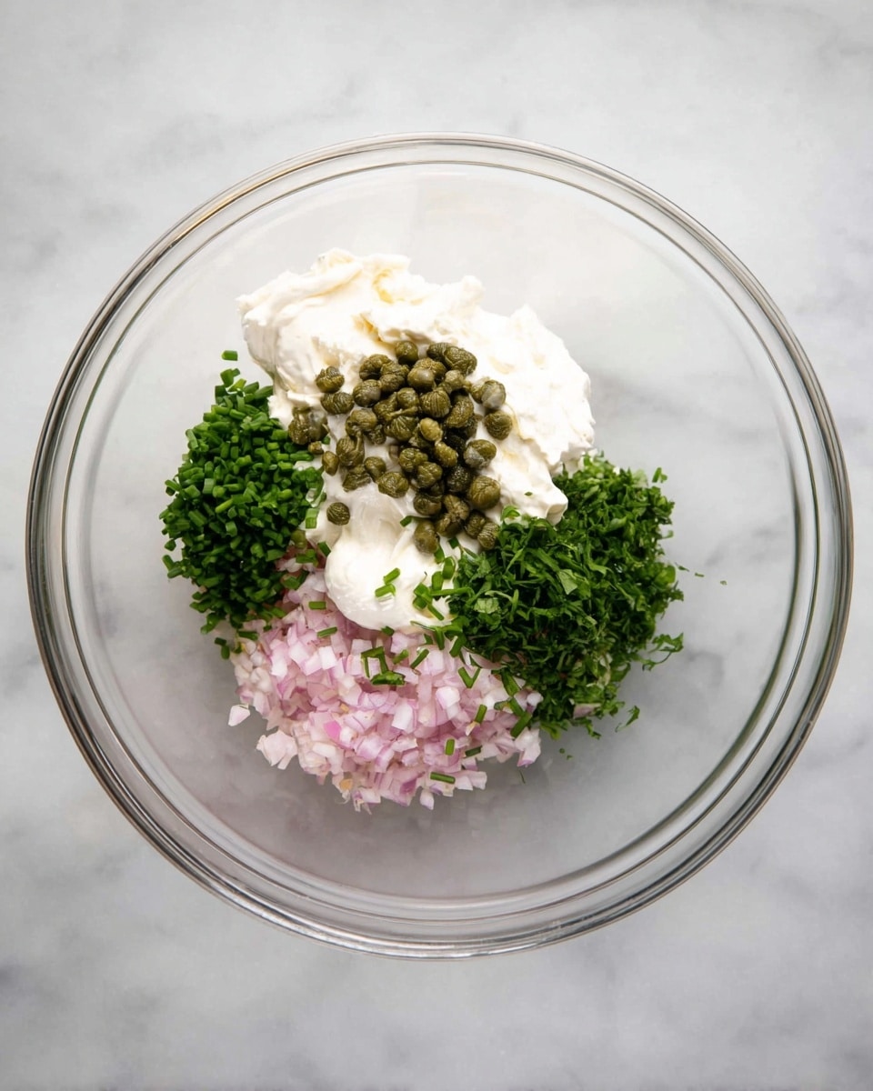 A clear glass bowl sits on a white marbled surface filled with five main ingredients placed separately yet touching: one layer of white creamy mayo, a pile of small green capers on top of the mayo, a mound of finely chopped light pink shallots at the bottom, chopped green chives arranged at the center, and chopped green herbs on the right side. Each element shows a distinct texture and color. photo taken with an iphone --ar 4:5 --v 7