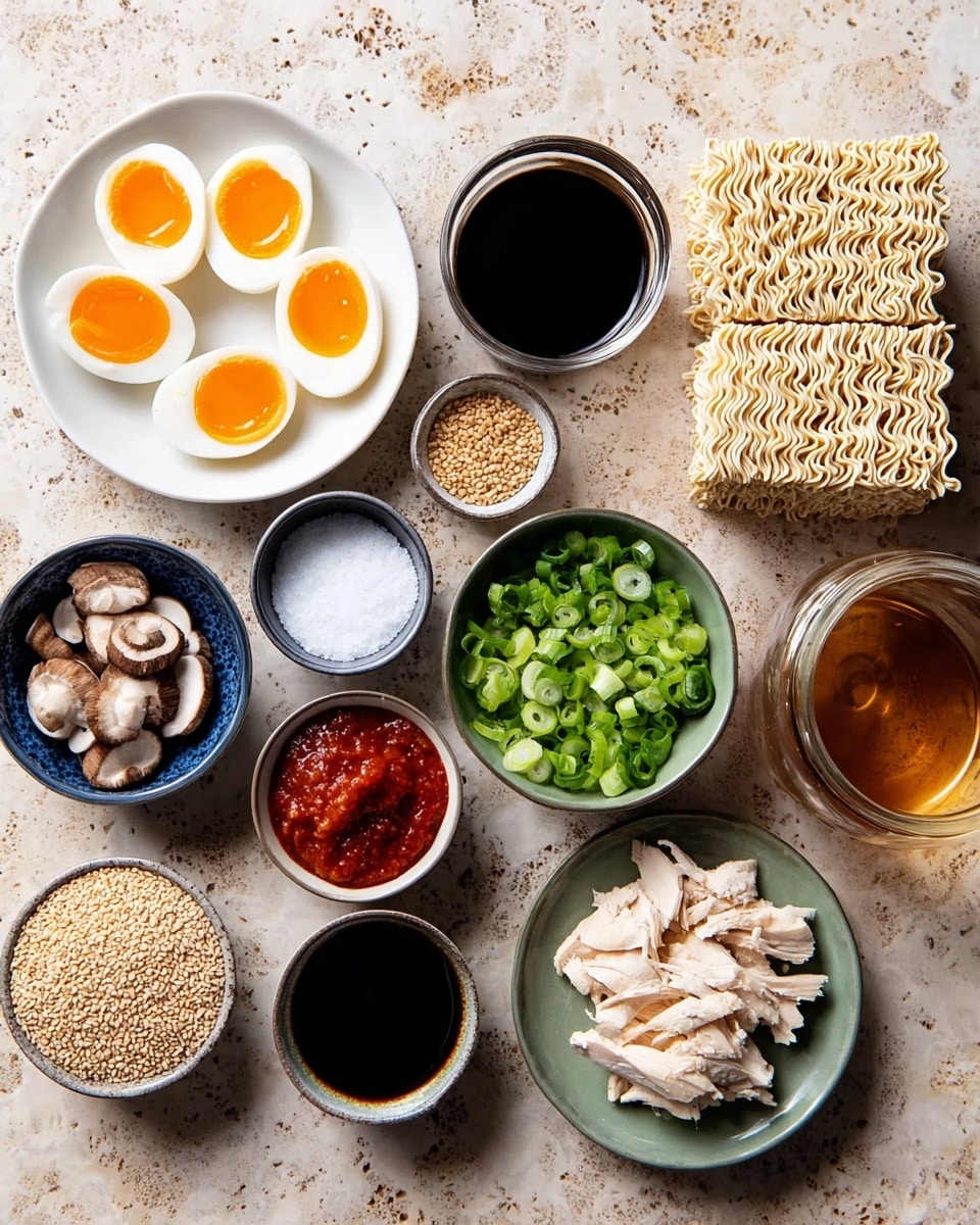 On a white marbled surface, there are multiple small bowls arranged with ingredients: a white bowl holds four halved soft boiled eggs with bright orange yolks, a small white bowl with red chili sauce, a small white bowl with dark soy sauce, a small black bowl with white salt, a blue bowl filled with chopped green onions, a white bowl with sliced white chicken meat, a green bowl with sliced brown mushrooms, a small black bowl of minced ginger, a small white bowl of sesame seeds, a glass of dark liquid, and a glass jar of light amber liquid. Next to the bowls, there are four blocks of uncooked ramen noodles stacked neatly. The image is well lit, showing all textures clearly photo taken with an iphone --ar 4:5 --v 7