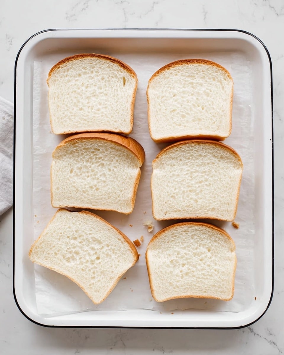The image shows a white enamel baking tray with a black rim sitting on a white marbled surface. On the tray, there are six slices of plain white bread arranged in two rows. The top row has three full slices of bread, while the bottom row has two full slices and one smaller, irregularly shaped slice on the far left. The bread is soft with a light golden crust on the top edges and a spongy white interior. There are small crumbs scattered around the slices on the tray, which is lined with a plain white sheet of parchment paper. photo taken with an iphone --ar 4:5 --v 7