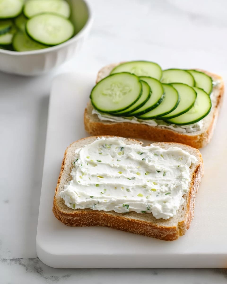 The image shows two slices of bread on a white cutting board placed on a white marbled surface. The bottom slice is spread with a thick layer of white cream cheese that has small green bits mixed in. The top slice has the same white cream cheese base evenly spread and is topped with two neat rows of thin, pale green cucumber slices that slightly overlap each other. In the top left corner, part of a white bowl filled with more cucumber slices is visible. Photo taken with an iphone --ar 4:5 --v 7