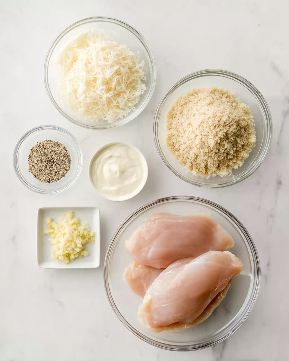The image shows five glass and white dishes arranged on a white marbled surface. At the bottom center, a clear glass bowl holds two raw, light pink chicken breast pieces with smooth textures. At the top right, a clear glass bowl contains beige, crumbly breadcrumbs. At the top left, a clear glass bowl is filled with white grated cheese. To the left center, a small clear glass bowl holds coarse black and white pepper. At the right center, a small white square dish contains finely chopped light yellow garlic. Below the pepper, a small clear glass bowl is filled with creamy white mayonnaise or yogurt. photo taken with an iphone --ar 4:5 --v 7