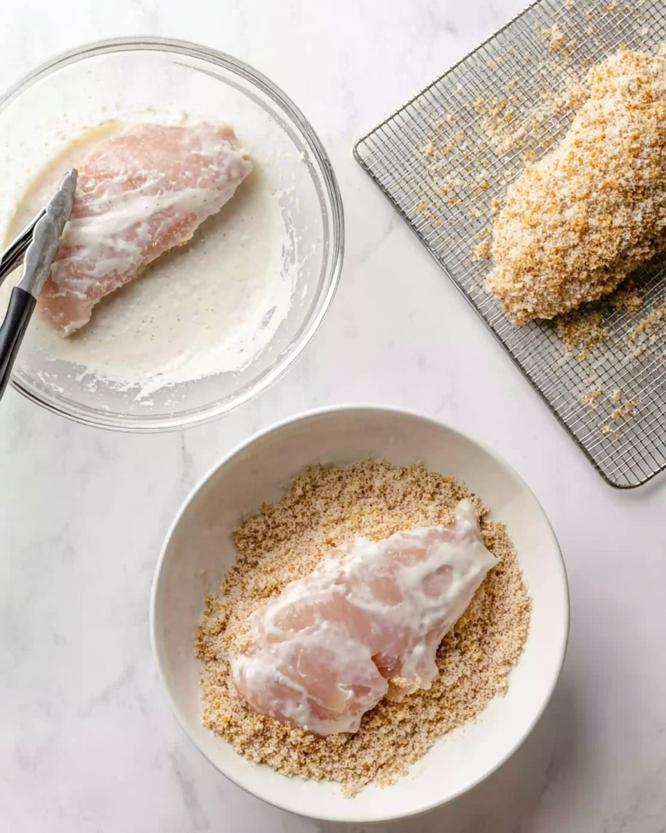 The image shows a cooking process with three main parts. In the bottom, there is a white bowl filled with light brown crumbs, and on top of the crumbs is a flat piece of raw, pale pink chicken covered with a layer of white sauce or coating. To the left, there is a clear glass bowl containing another piece of raw chicken covered in the same white sauce, with black tongs resting inside the bowl. On the top right, there is a silver wire rack on a white marbled surface holding a breaded piece of chicken, coated with light brown crumbs. The whole scene is set on a white marbled background, showing steps of preparing breaded chicken. Photo taken with an iphone --ar 4:5 --v 7