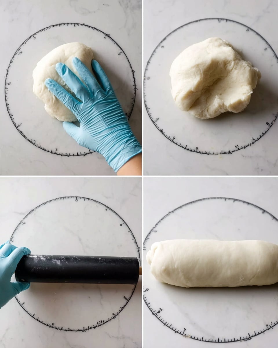 The image shows four steps of shaping white dough on a white marbled surface with black circular measurement rings. In the first section, a woman's hand wearing a light blue glove presses on a ball of soft, white dough. The second section shows the dough flattened into a rough, irregular shape. In the third, a woman's hand wearing the same glove holds a black rolling pin and rolls the dough flat with smooth edges. The last section displays the dough shaped into a neat, smooth white cylinder, placed horizontally on the surface. photo taken with an iphone --ar 4:5 --v 7