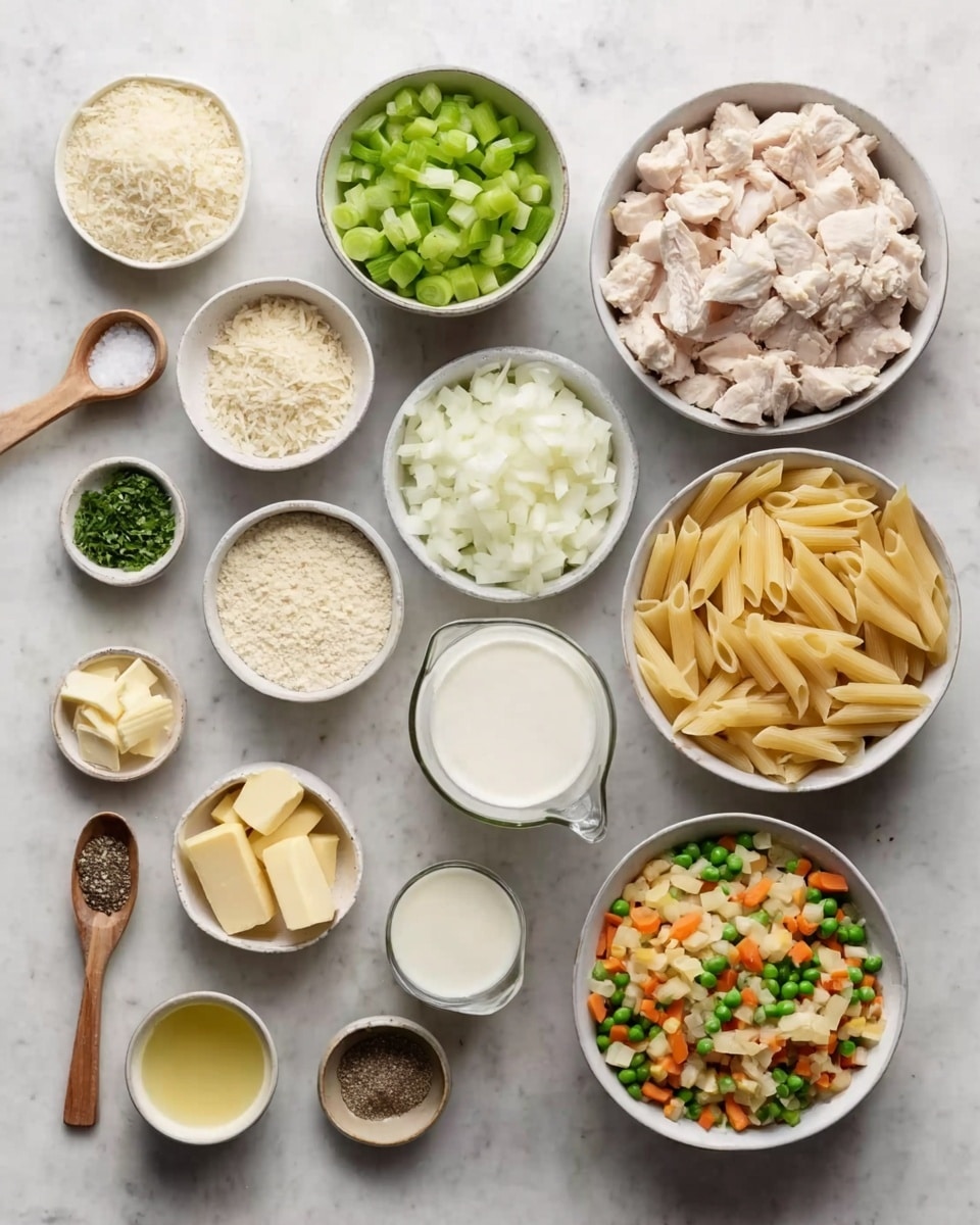 The image shows a collection of ingredients arranged neatly on a white marbled surface. There are 13 white bowls and small dishes filled with different items: diced cooked chicken pieces in one large bowl, white chopped onions in another medium bowl, pale yellow uncooked penne pasta in a large bowl, chopped green celery in a smaller bowl, and a mix of frozen vegetables with orange carrots, green peas, and more in another bowl. Other small bowls contain off-white breadcrumbs, pale yellow butter, creamy white sour cream, light yellow olive oil, a small amount of chopped green herbs, and a glass with white milk. Two small wooden spoons hold white salt and black pepper. The colors are soft and natural, with a clear, clean look. photo taken with an iphone --ar 4:5 --v 7